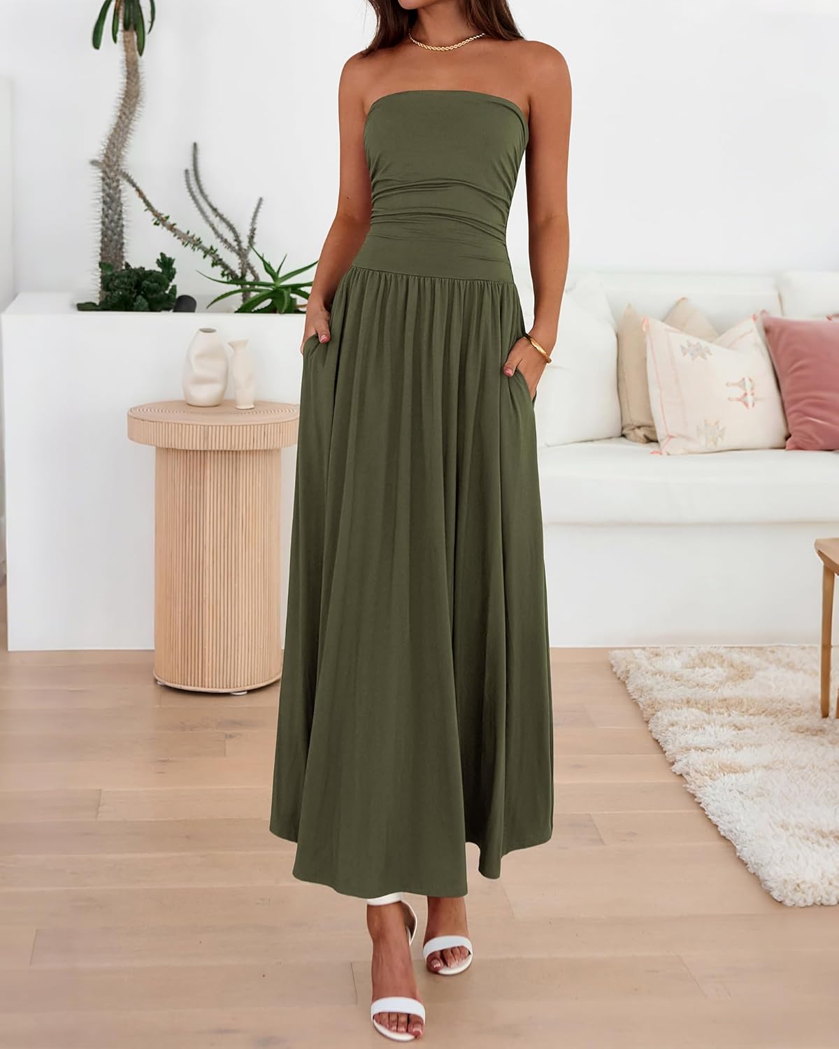 BTFBM Summer Maxi Dresses for Women 2026 Strapless Ruched Tube Top Beach Vacation Spring Wedding Guest Dress Pockets - Image 6