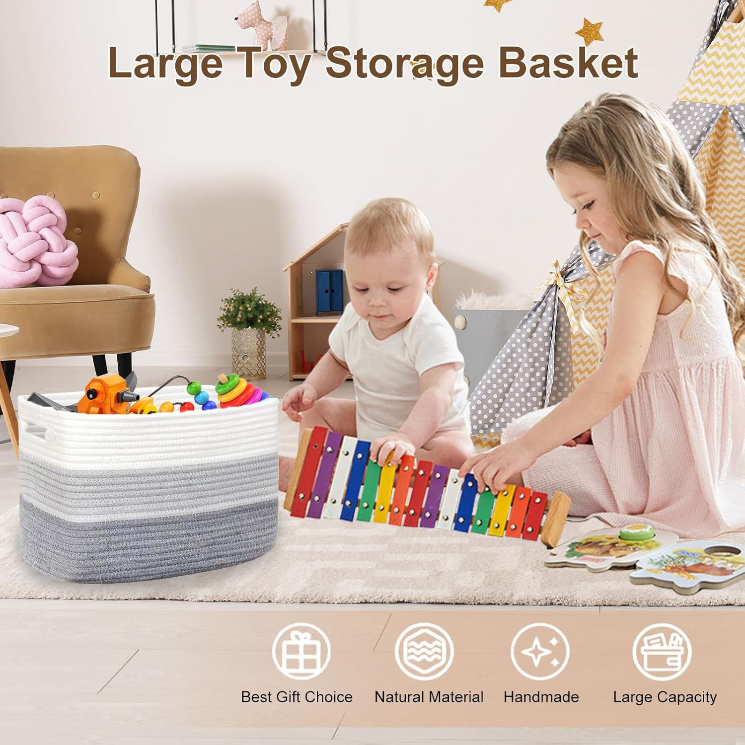 Laundry Basket with handle - 21"×17"×12" Rectangle woven Cotton Rope blanket basket,storage basket for Blankets,Baby Toys & Clothes (Fits Bathroom,Nursery, bedroom,Living Room) (Gradient Grey)