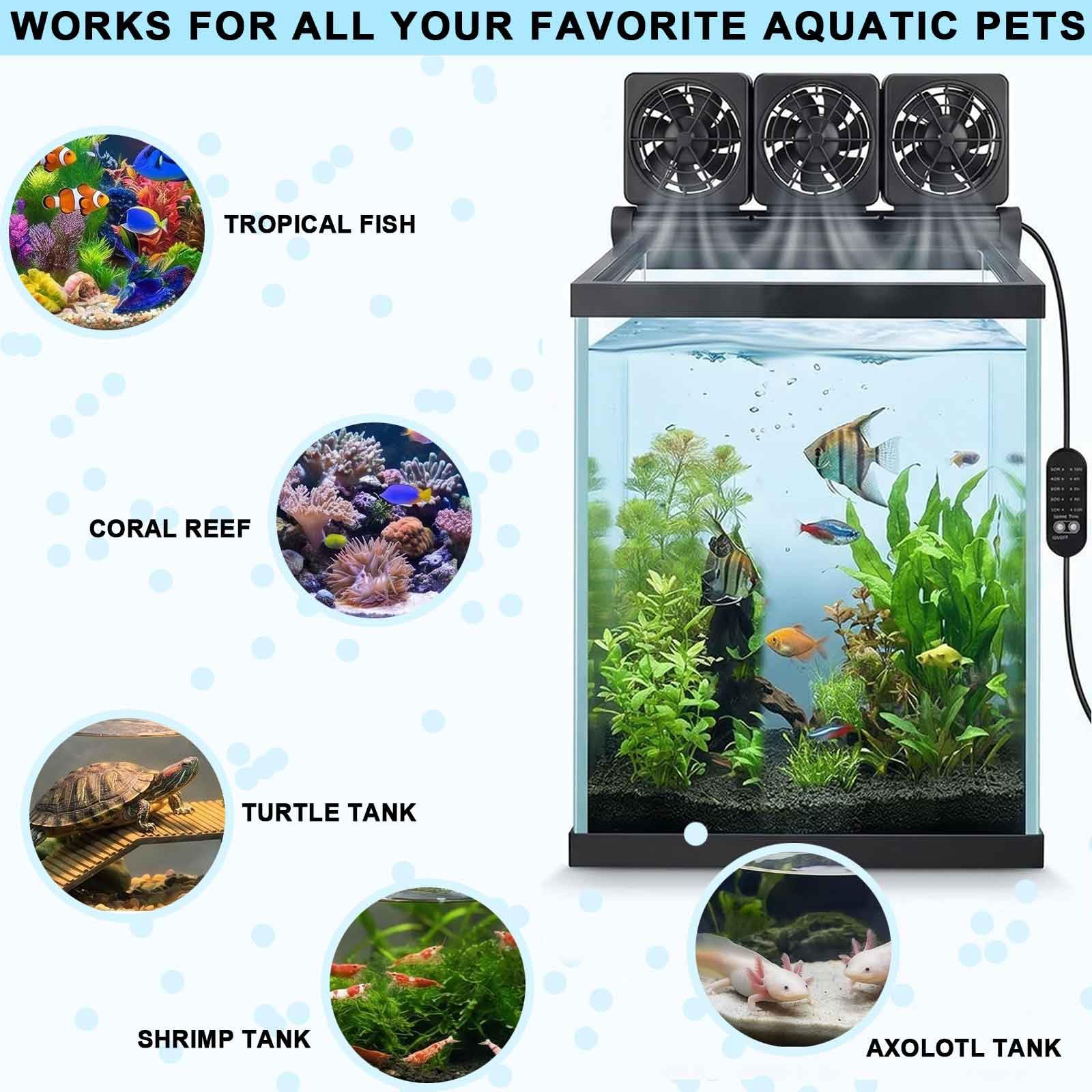 Refroidisseur d'aquarium à 3 ventilateurs avec contrôleur de vitesse réglable 5 réglages de minuterie, ventilateur de refroidissement d'aquarium, ventilateur de refroidissement d'aquarium