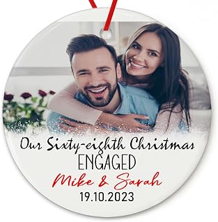 Dinoz Our Sixty-eighth Christmas Engagement Keepsake, 68th Xmas Married Engaged Lover Peronalized Name Both Sided Print Ceramic Round Circle Ornaments Keepsake Gifts for House Decorations