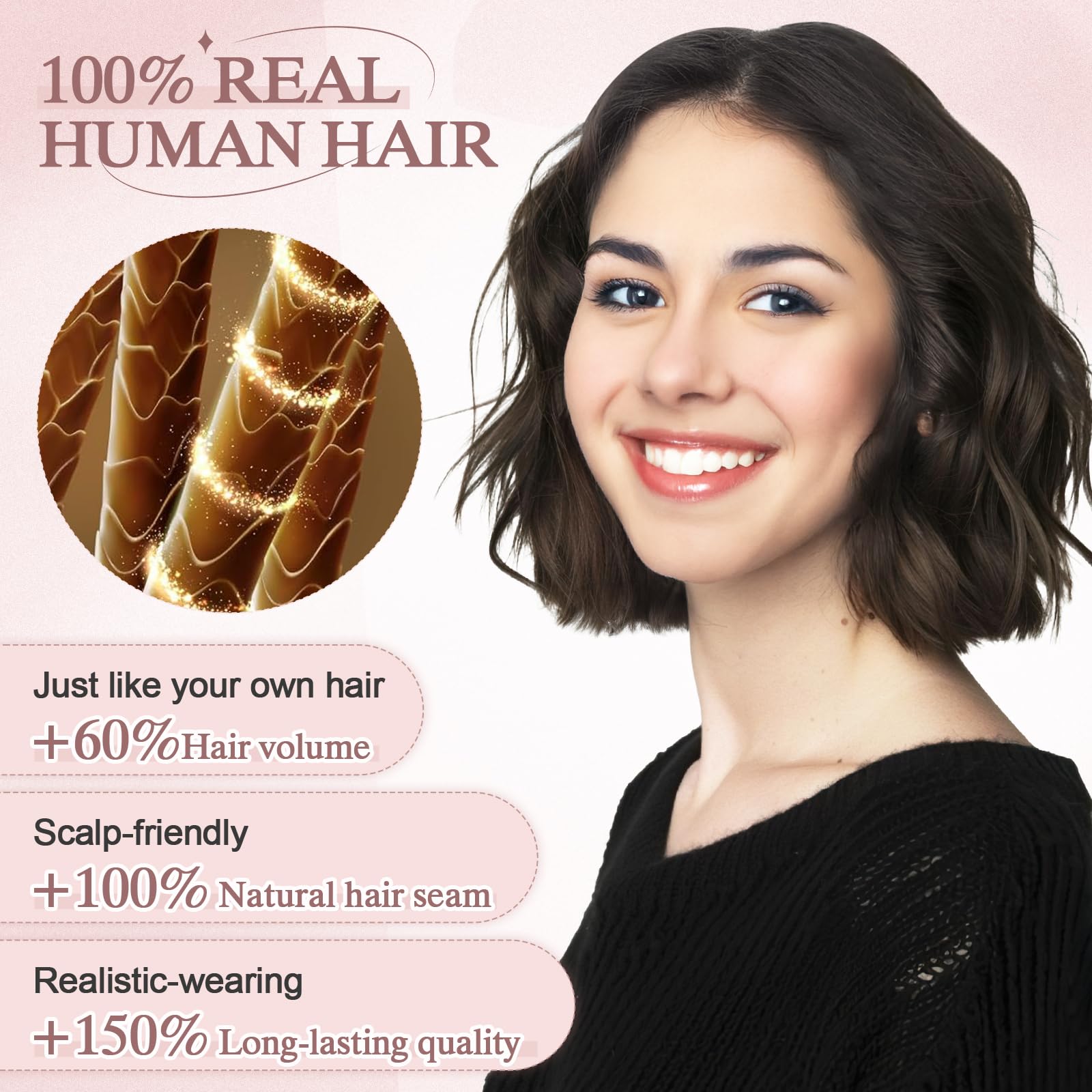 SEGOHAIR Hair Toppers for Women Human Hair with Bangs Double-Layer Hand-stitched 360°3D Coverage Natural for Thinning Hair Add Volume 11inch Black,21g - Image 2