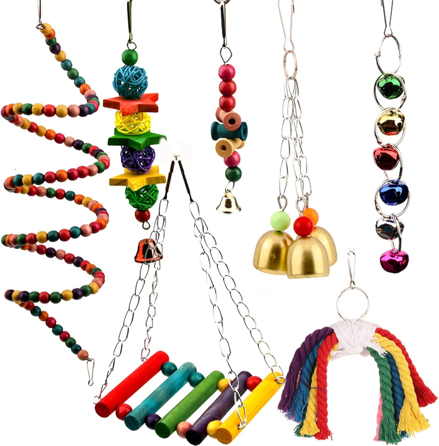 SEASY 7 Pcs Bird Swing Chewing Toys-Hanging Bell Pet Bird Cage Hammock Swing Toy Hanging Toy for Small Parakeets Cockatiels, Conures,…