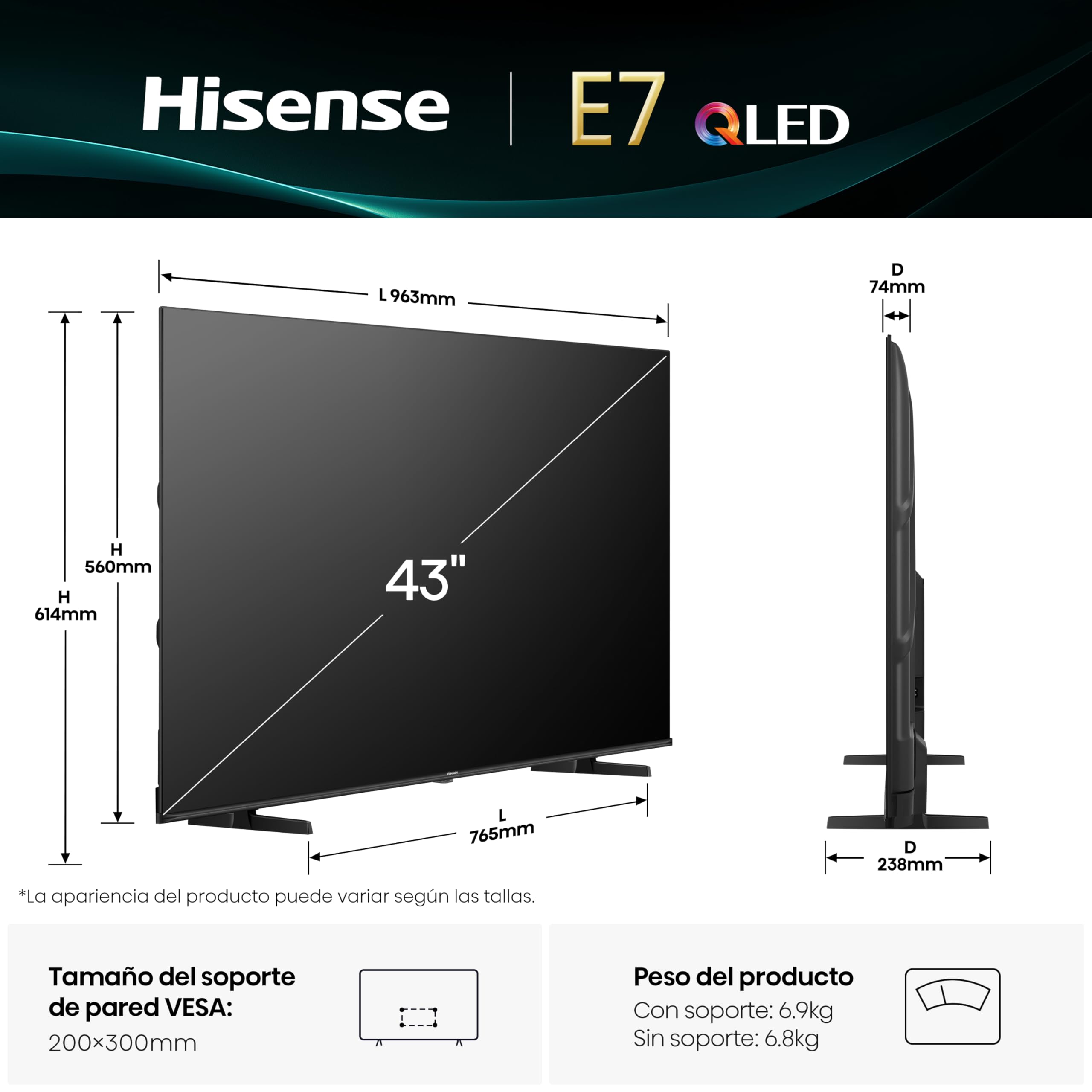 Hisense 43E7Q - QLED Smart TV 43 Pulgadas, Dolby Vision, Dolby Atmos, Modo Juego Plus, 60Hz VRR 120 fps, Modo Deportes, Monvimiento Suave IA, Bluetooth y HDMI 2.1, Control por Voz Alexa