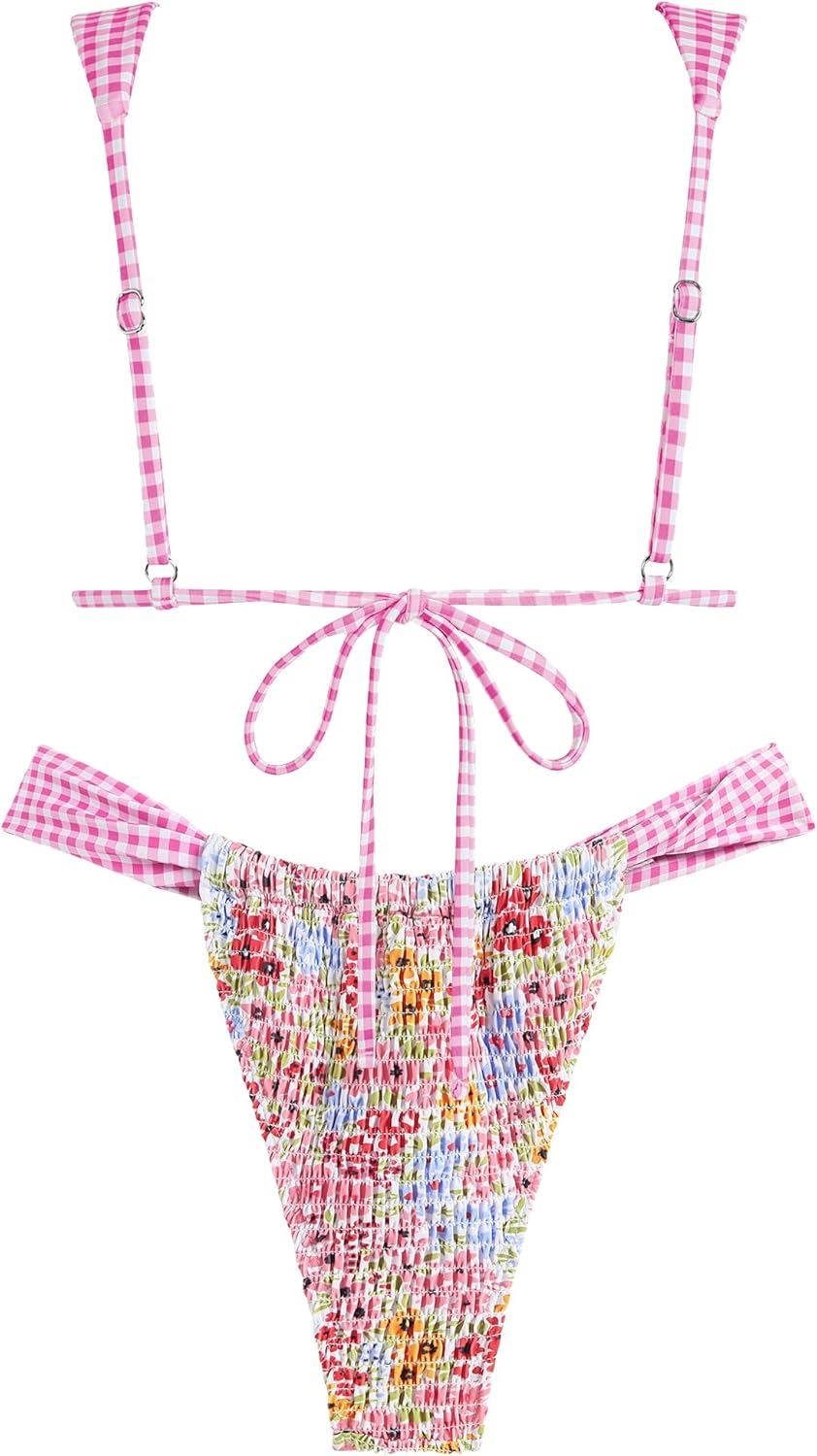 ZAFUL Women's 2 Piece Sexy Thong Triangle Bikini Sets Floral Print Swimsuit 2026 Summer Beach Grid Swim Cheeky Bathing Suit