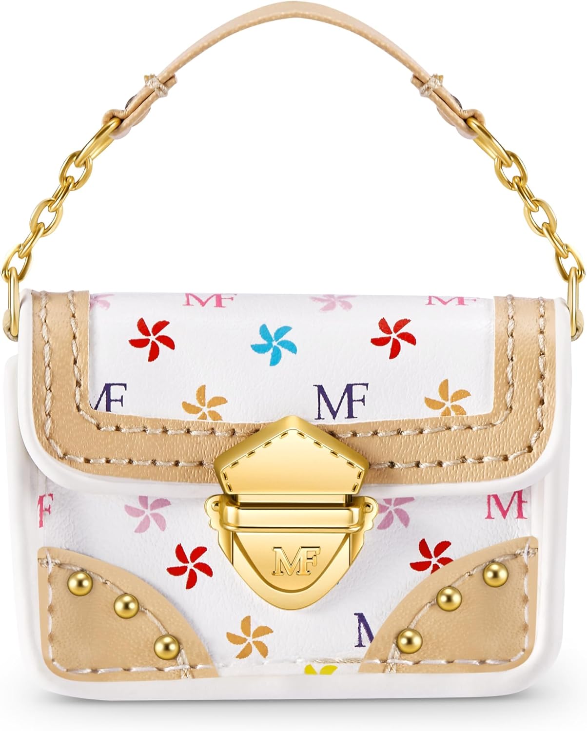 Close-up of a miniature white handbag with floral patterns