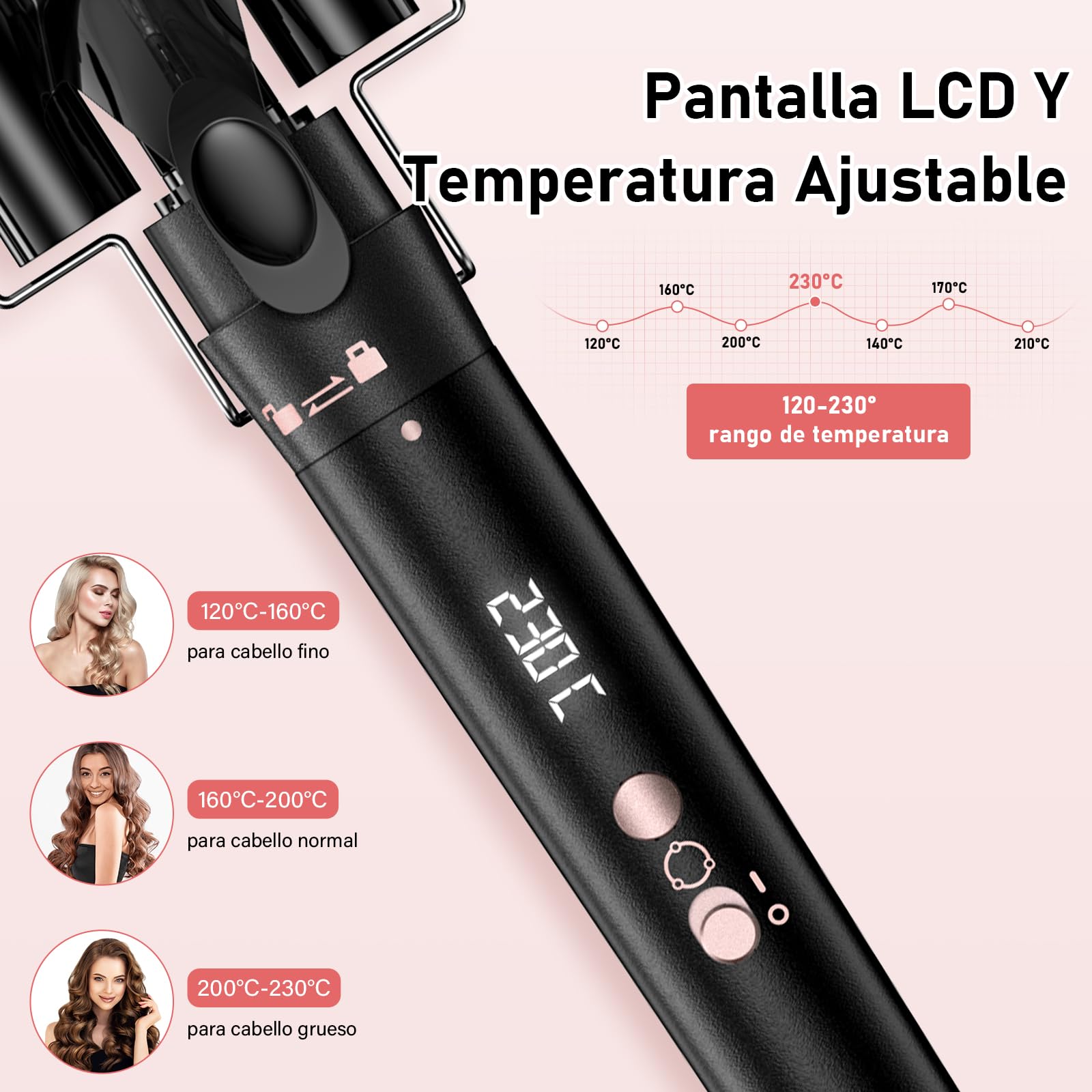 Rizador de Pelo 5 en 1 con 5 Accesorios Intercambiables, Rizador Pelo Ondas, Plancha Ondas de Cerámica, Temperatura Ajustable, Calentamiento Rápido, Rizador Tres Barriles para Rizos y Ondas