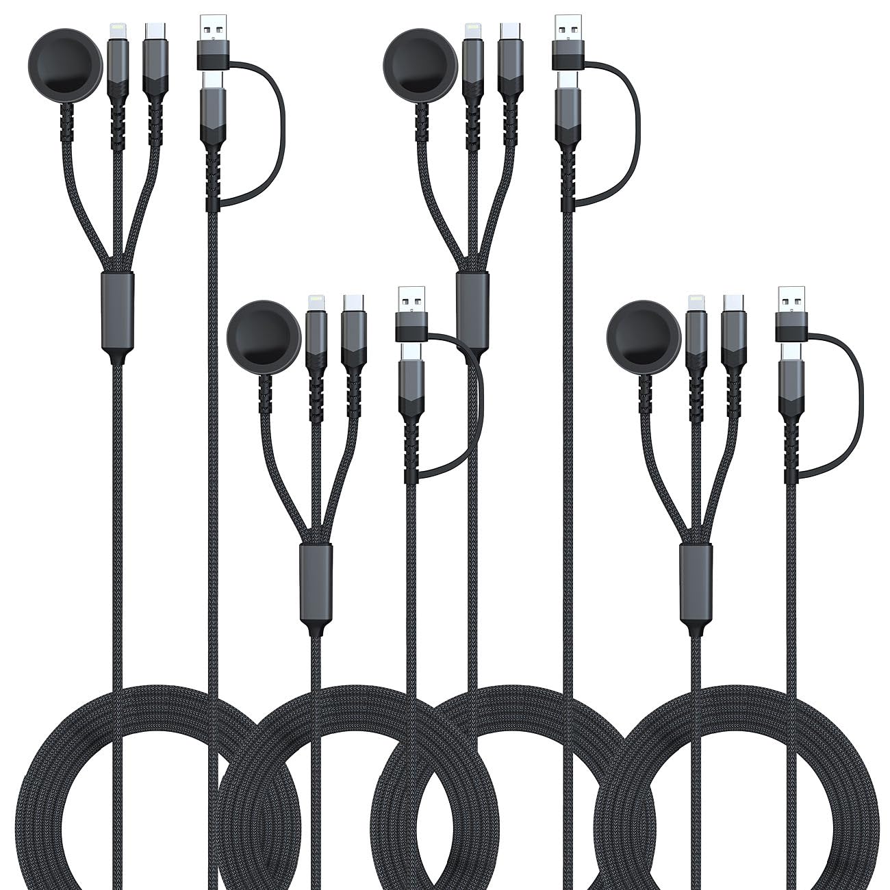 Callstel cable carga universal: Juego de 4 6en1-Cable de carga Octopus, para Apple Watch y iPhone, Entrada: conector USB-C con adaptador a USB-A (cargadores inducción apple watch)