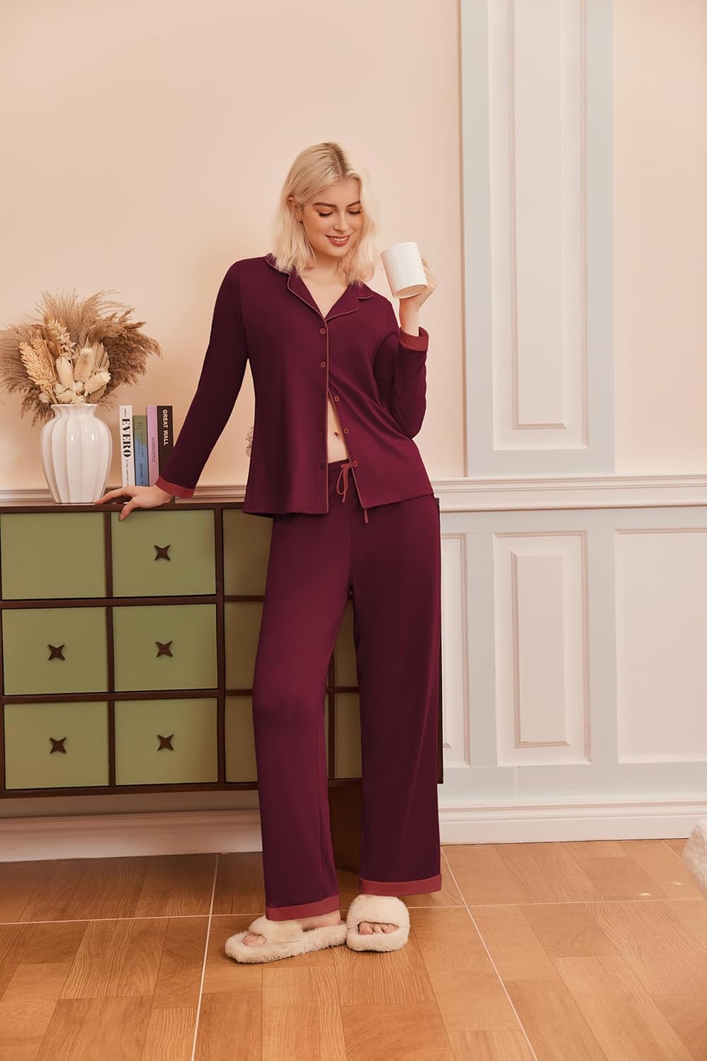 Ekouaer Pajamas for Women Set Long Sleeve Loungewear Soft Button Down Lounge Sets with Pockets Nightwear S-XXL