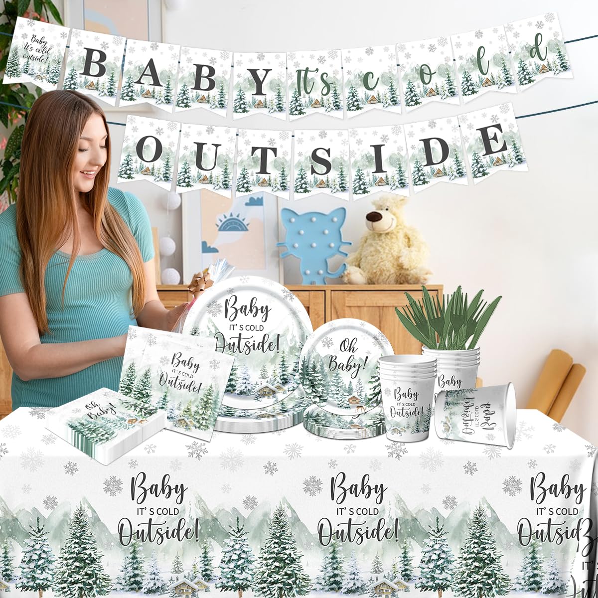 Decoraciones de invierno para baby shower, 142 piezas con texto en inglés "Baby It's Cold Out" para baby shower, platos de bosque, servilletas, mantel, pancarta de revelación de género, decoraciones