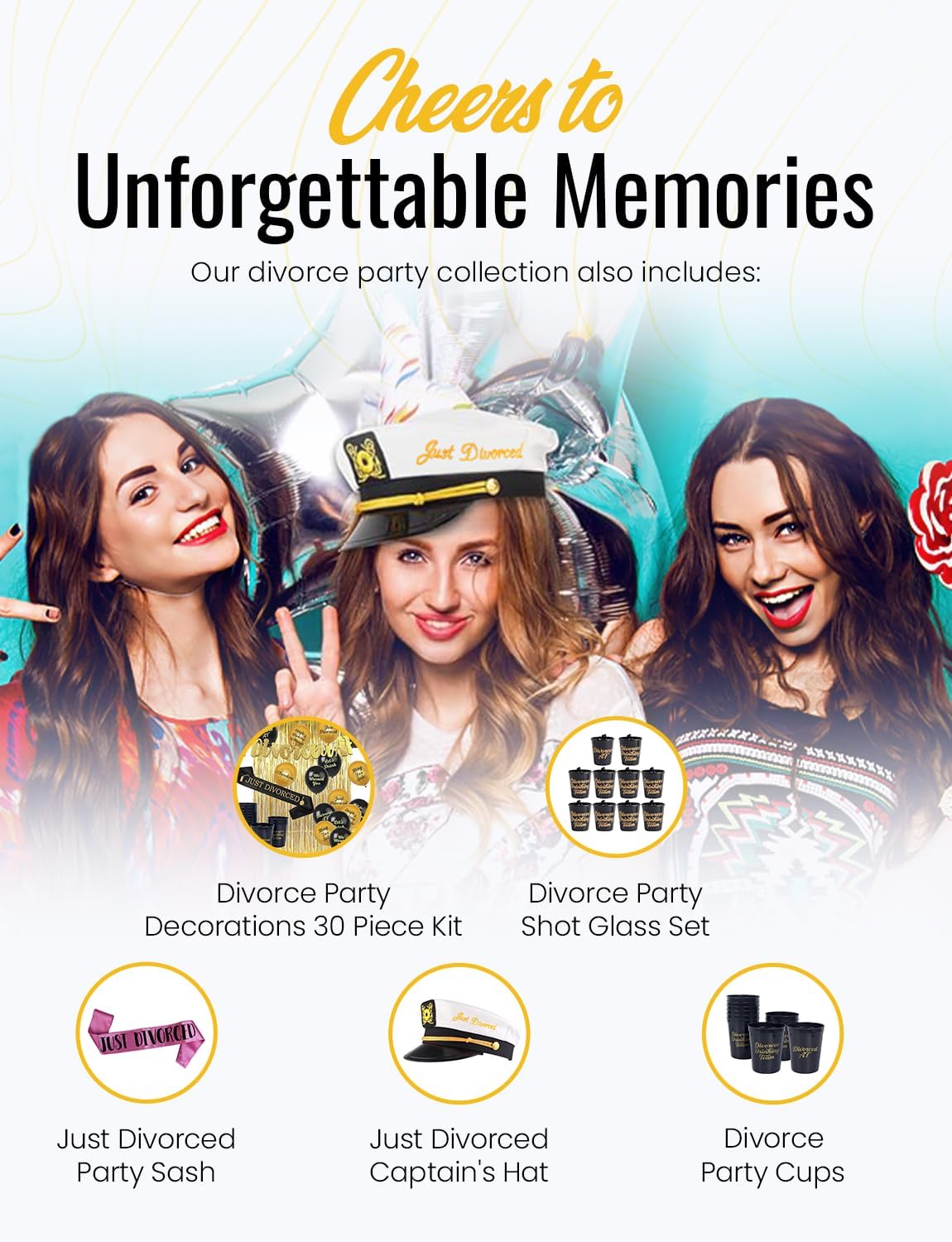Divorce Party Decorations - 30 Piece Kit Includes: Gold "Divorced AF" Banner, 16 Funny Divorcee Balloons, 10 Hilarious Cups, Just Divorced" Sash, 2 Gold Foil Curtains | Women Men Decor Supplies Gifts