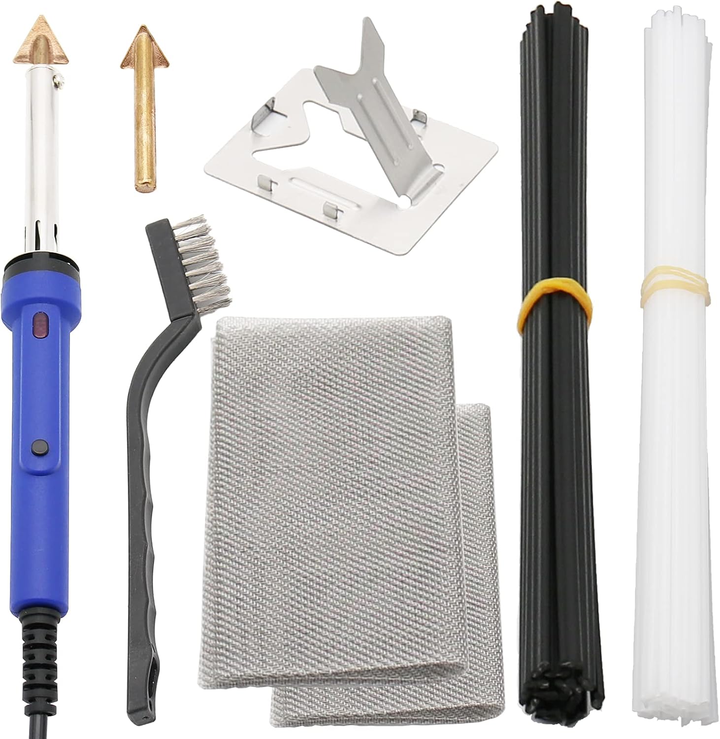 80W Plastic Welding Repair Kit for Bumper, Kayak, Plastic Welder Repair Kit with On/Off Switch and Indicator - 2 Brass Tips, 2 Metal Meshes, Iron Stand, Metal Wire Brush, Black and White Plastic Rods - - 