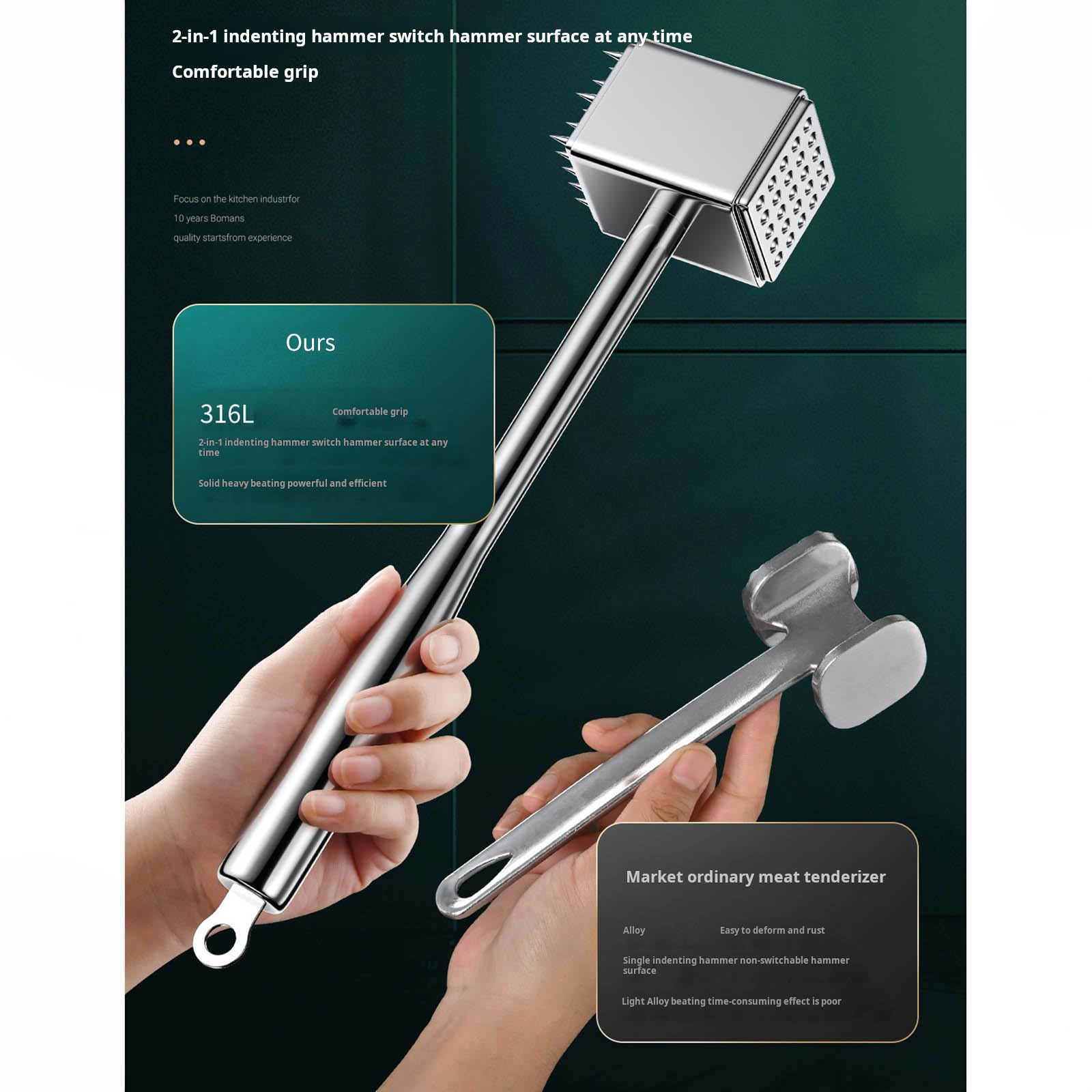 Mehrzweck Fleischklopfer aus Edelstahl 316 Zerkleinern von Steak, Rindfleisch und Nüssen, Fleischhämmer mit ergonomischem, Küchenklopfer