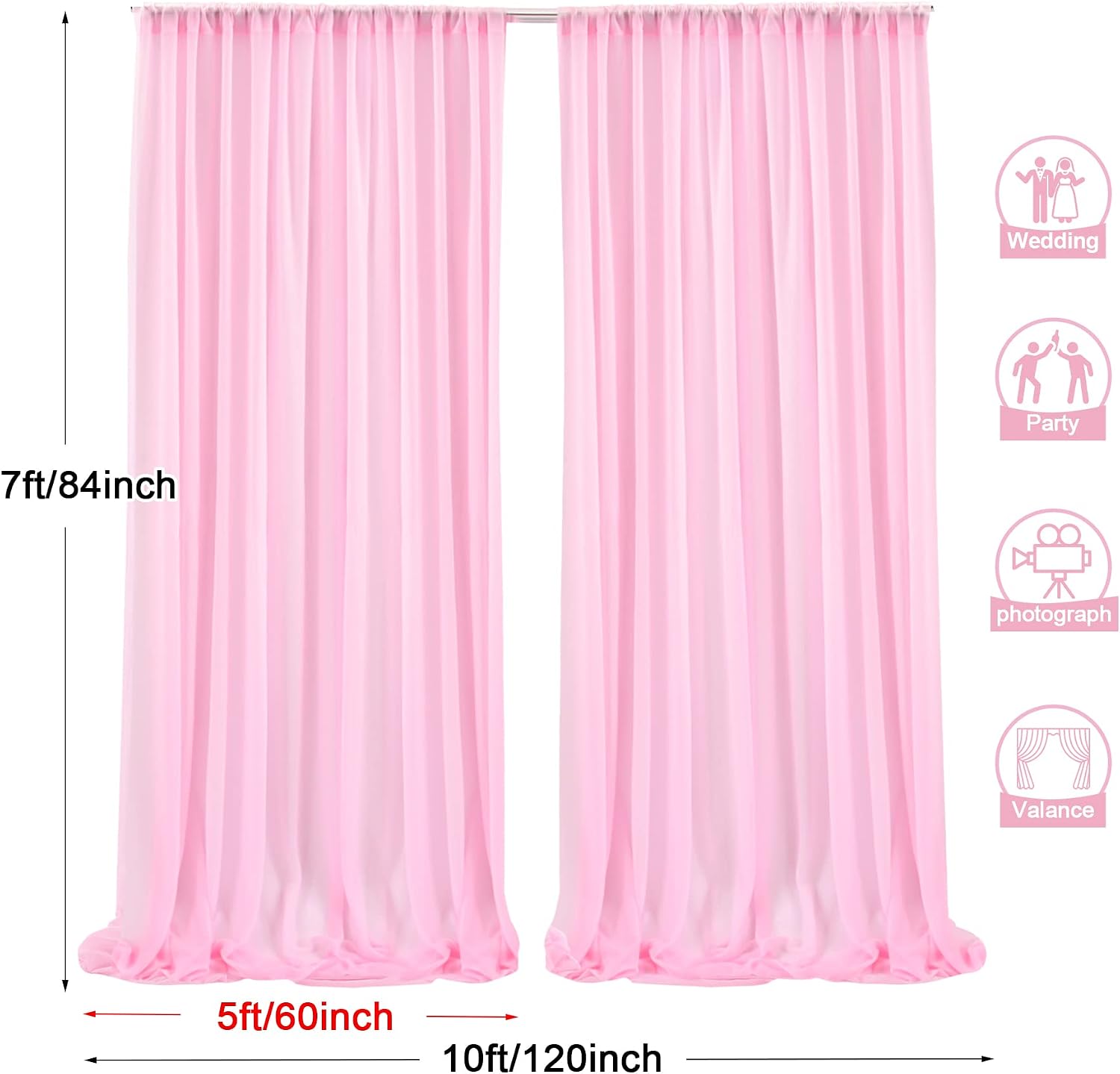 PARTISKY 10x7ft Pink Chiffon Backdrop Curtains, Wrinkle-Free Sheer Fabric Photo Drapes for Wedding Ceremony Arch Birthday Baby Shower Photography Stage Decor 5x7ft, 2 Panel