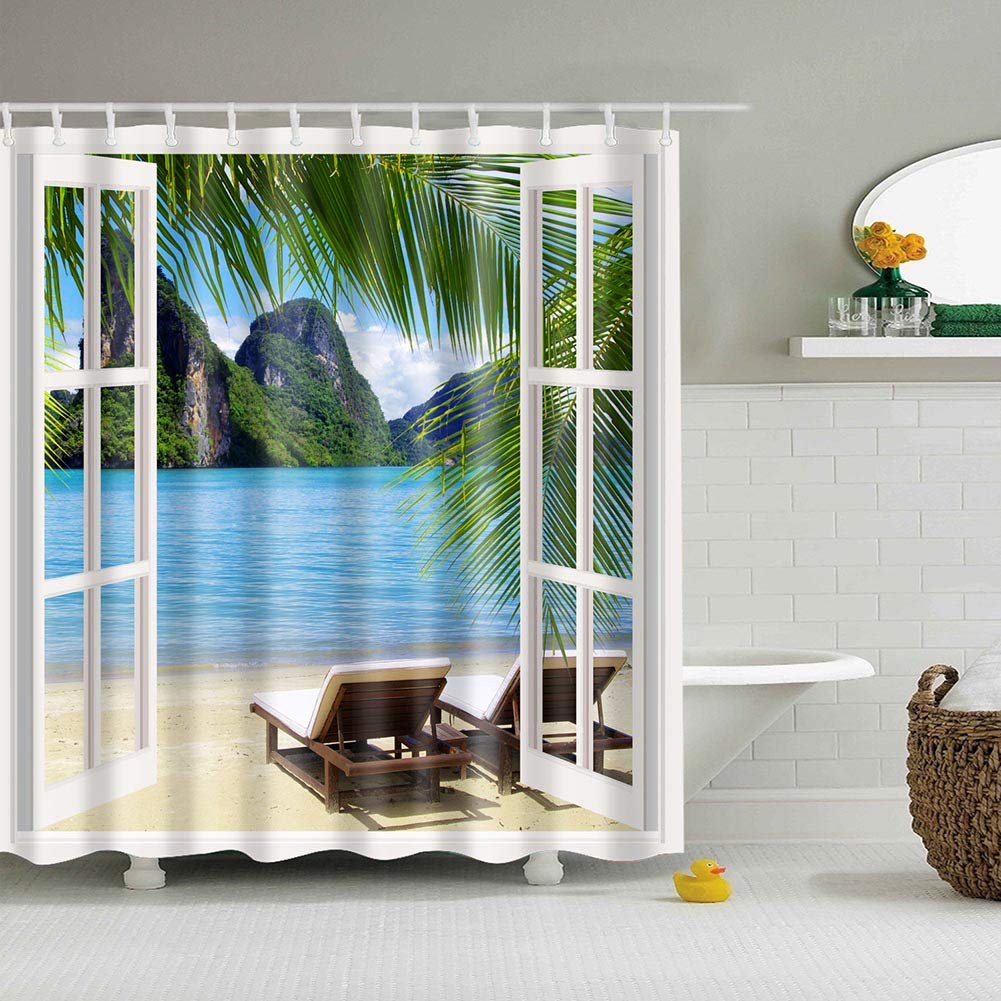 BOYOUTH on the Beach Outside the Window Pattern Digital Print Shower Curtains for Bathroom Decor,Polyester Waterproof Fabric Bath Curtain with 12 Hooks,70x70 Inches,Multicolor — image 1