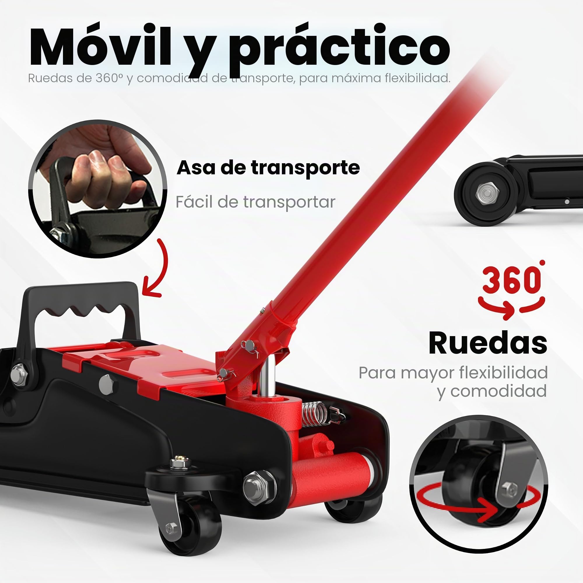 Domkraft 2,5T extra plano – domkraft hidráulica con maletín, 3 almohadillas de goma y adaptador – gato hidráulico para coches de pasajeros de hasta 2 500 kg (rojo)