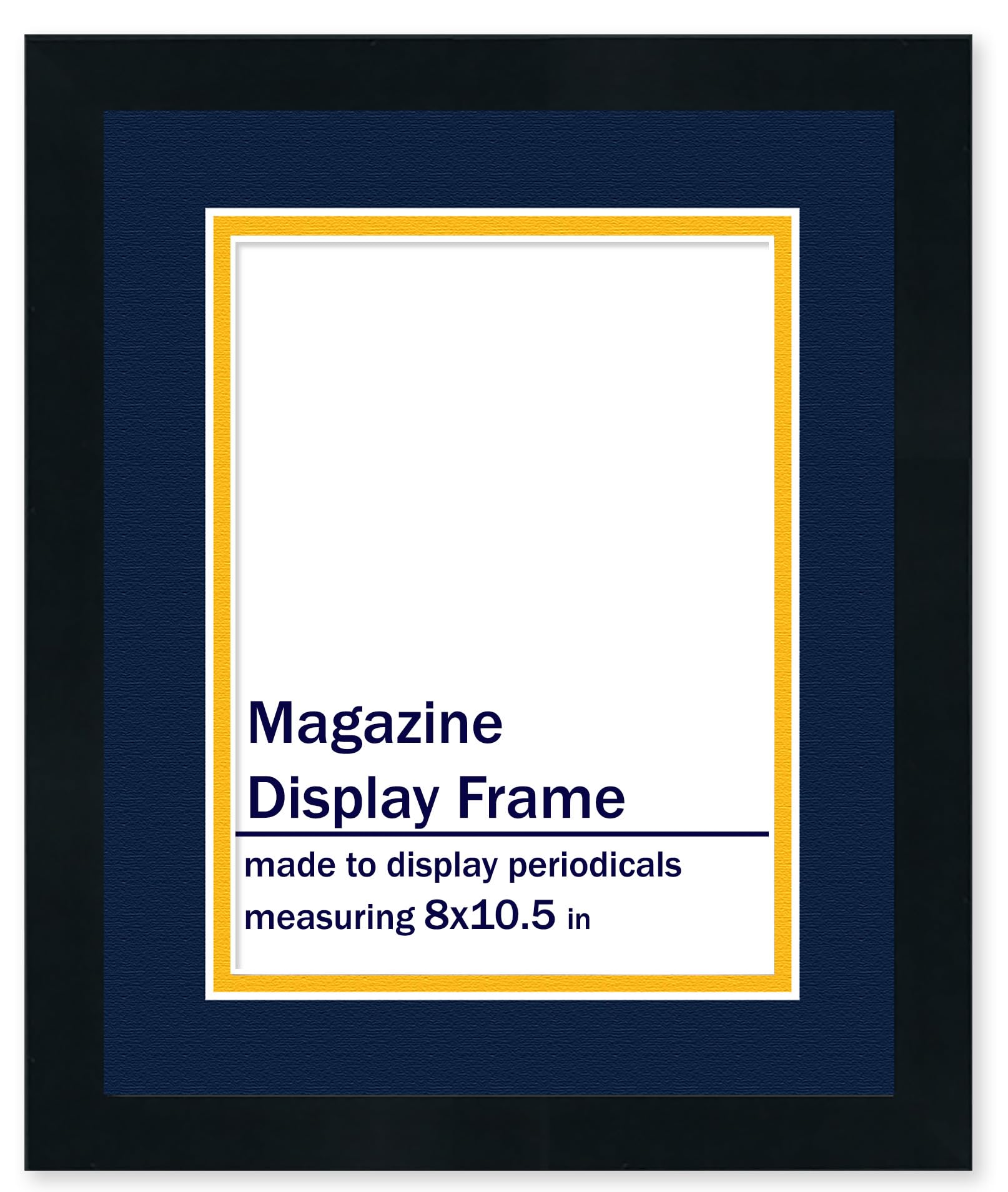 8x10.5 Frame for Sports Illustrated Magazine (Black) | Acid Free Midnight Blue Navy on Yellow Double Photo Mat | UV Resistant Picture Frame Acrylic | Conservation Backing Board | Hanging Hardware