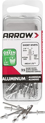 Arrow RSA1/8IP - Remaches cortos de aluminio para metal, tela, cuero y reparación de automóviles, 1/8 pulgadas, paquete de 25
