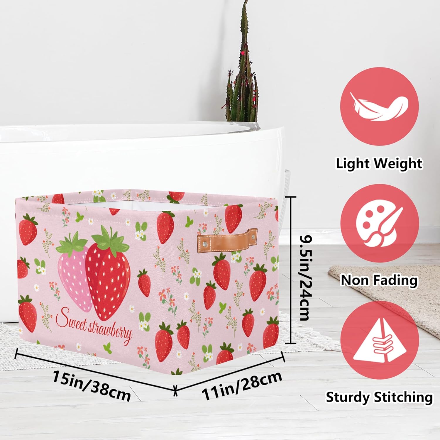 Cute Pink Strawberry Storage Basket, Waterproof Canvas Basket with Leather Handles, Foldable Nursery Bin for Clothes, Towels, Kitchen, Bedroom, Bathroom, Present for Women and Girls, Home Decor
