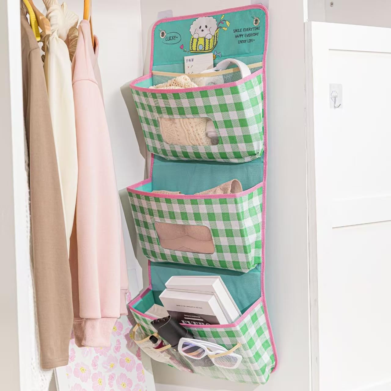 Wall Hanging Storage Organizer, 3-Tier Fabric Pocket Organizer with Mesh Pockets, Foldable Closet Door Organizer for Bedroom Bathroom Entryway (Green Plaid)