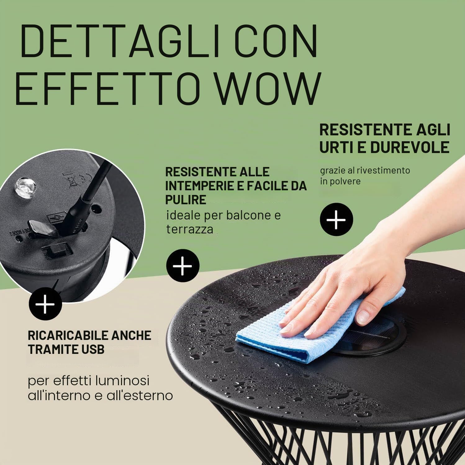 Lumaland Tavolino con illuminazione solare a LED, ideale come tavolino da salotto, comodino, tavolo da giardino e tavolo da balcone, resistente alle intemperie e robusto, per interni ed esterni, USB e