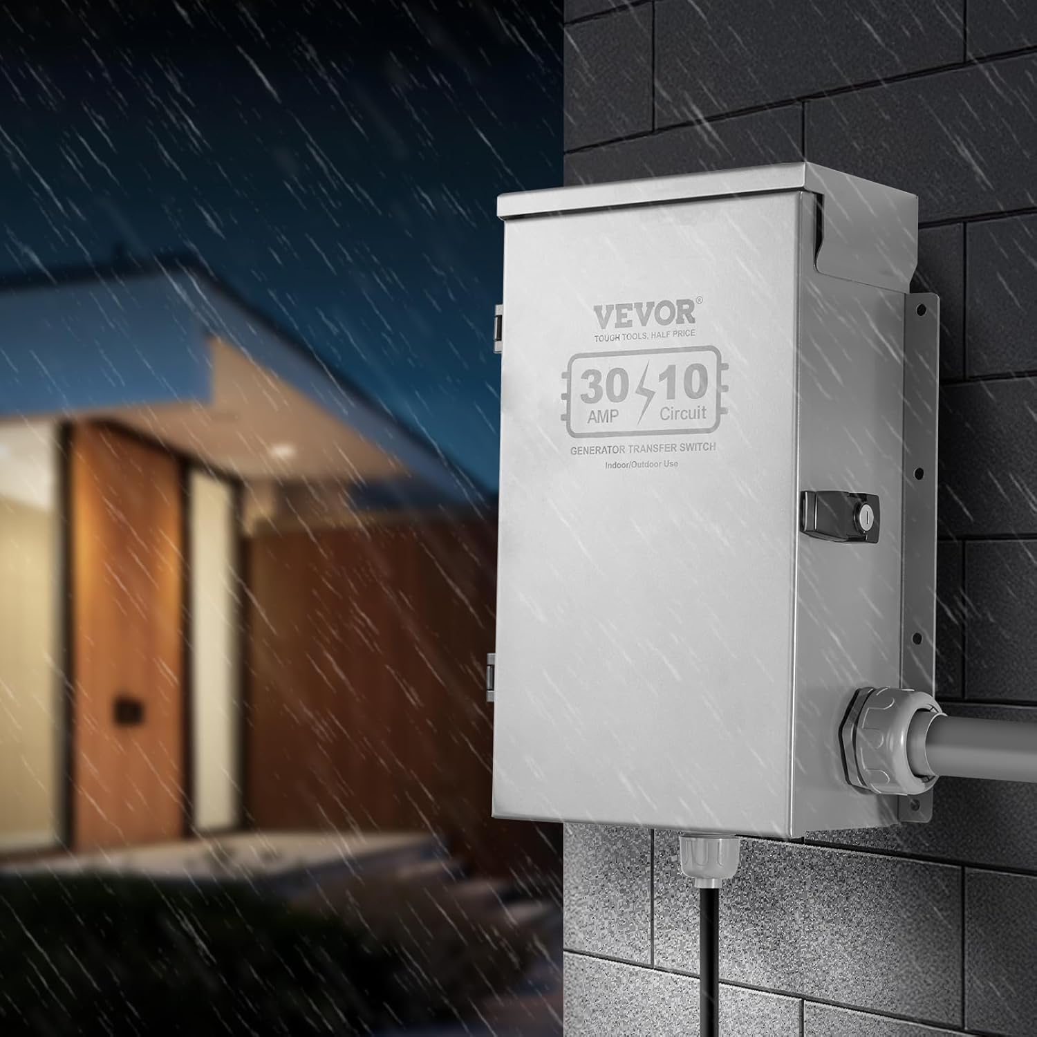 The VEVOR power inlet box with an L14-30 plug and a protective lid.