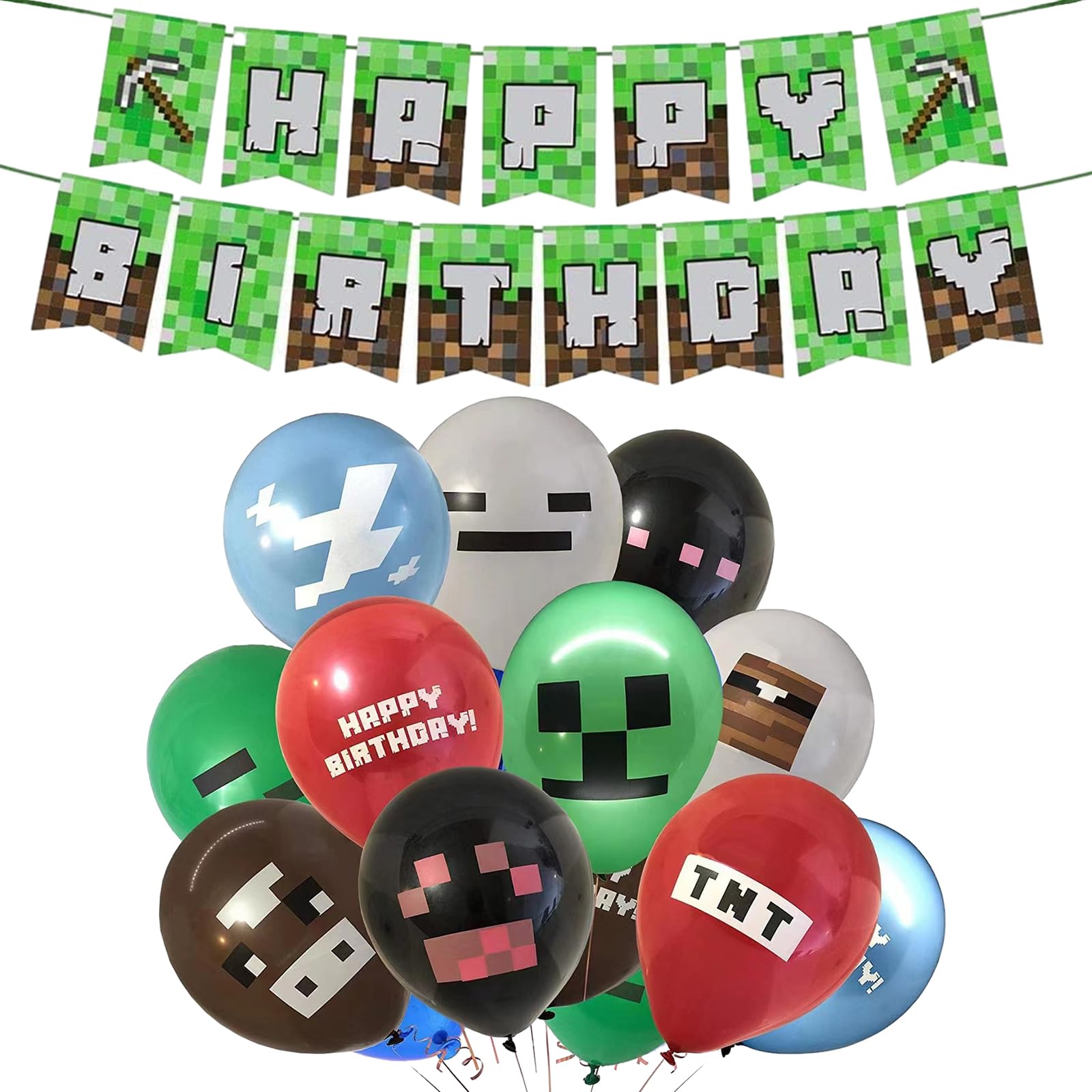 Miner Gamer Geburtstagsdeko Set – Mit Luftballons, Banner, Kuchenaufleger & Mehr