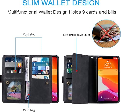 Miniatura 9 de EYZUTAK Funda de teléfono tipo cartera para Samsung Galaxy S8, retro mate 9 ranuras para tarjetas, funda de bolsillo con cremallera, cierre