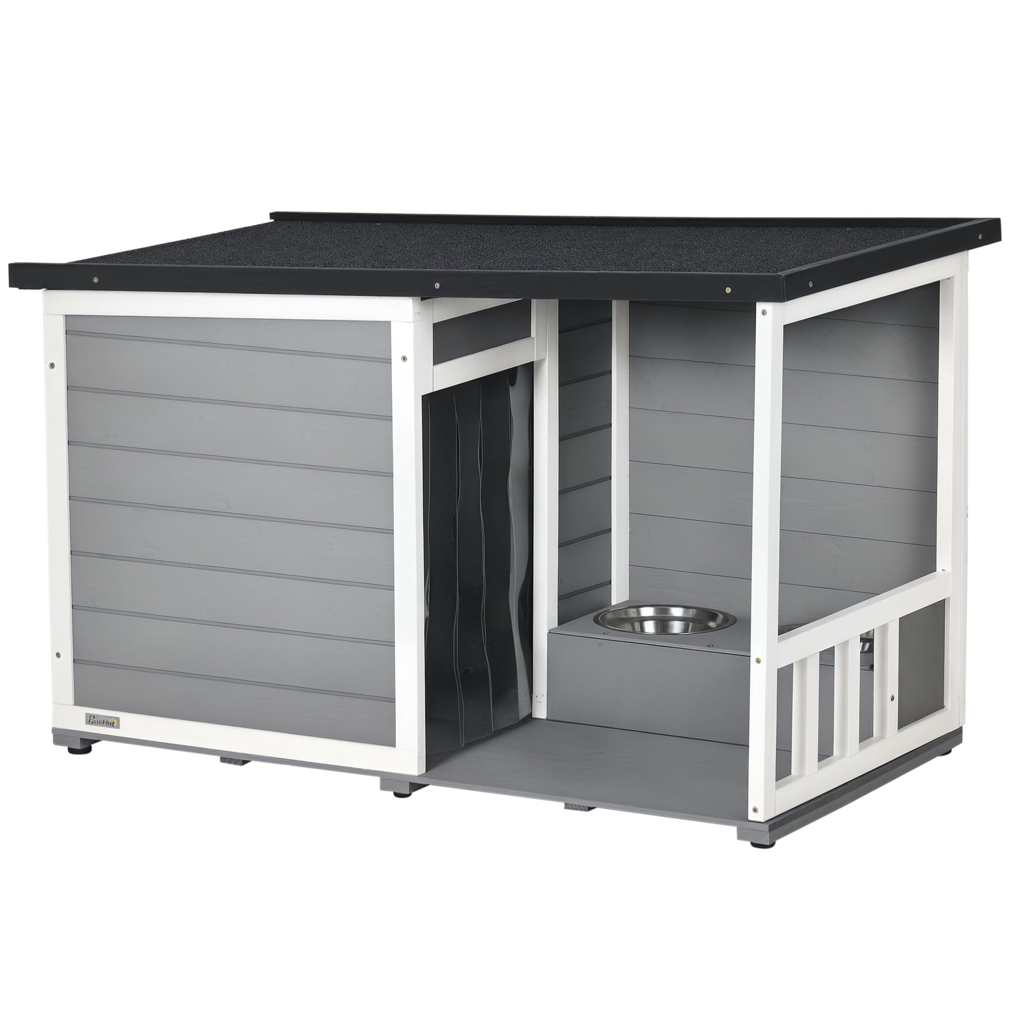 PawHut Hundehütte aus Holz, Hundehaus mit 2 Schüsseln, Terrasse, Outdoor Hundehaus Kleintierhaus für kleine Hunde mit Asphaltdach, für Draußen, Wetterbeständig, Grau, 103 x 62 x 60-66 cm