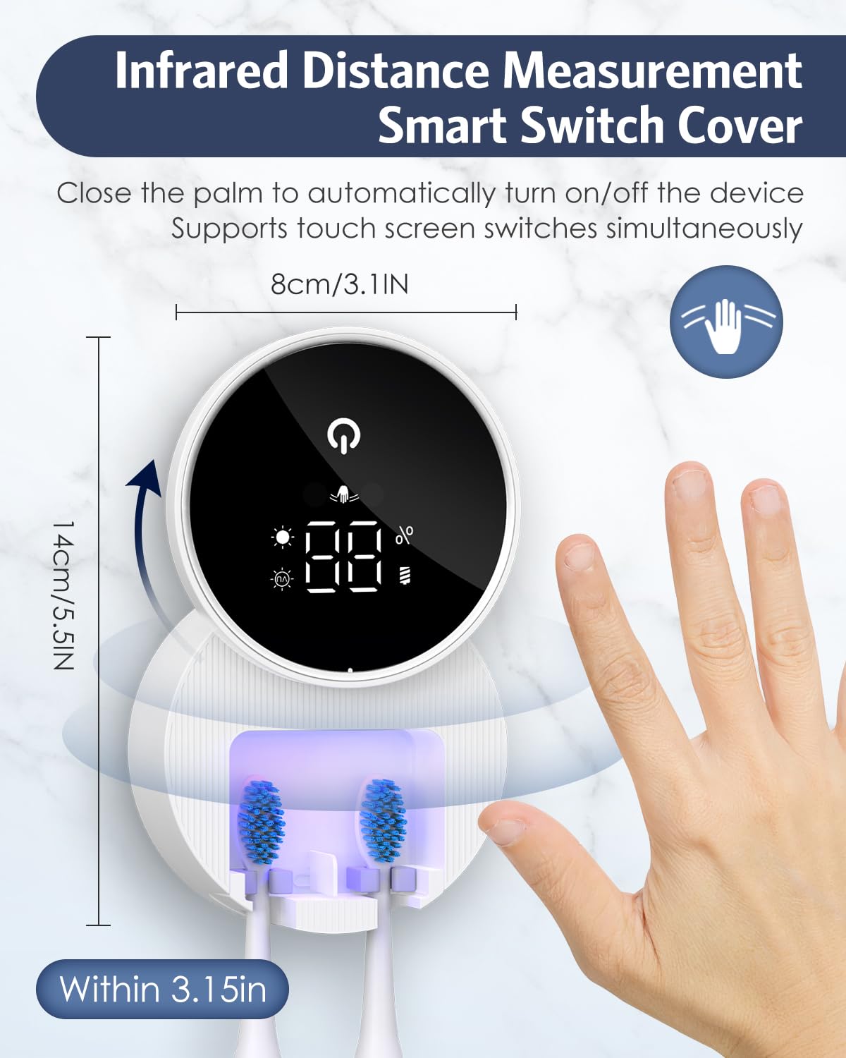 Soporte limpiador de cepillos de dientes UV mejorado para montaje en pared, soporte de cepillo de dientes eléctrico para baño, pantalla inteligente LED, con cubierta autoinductiva, limpieza