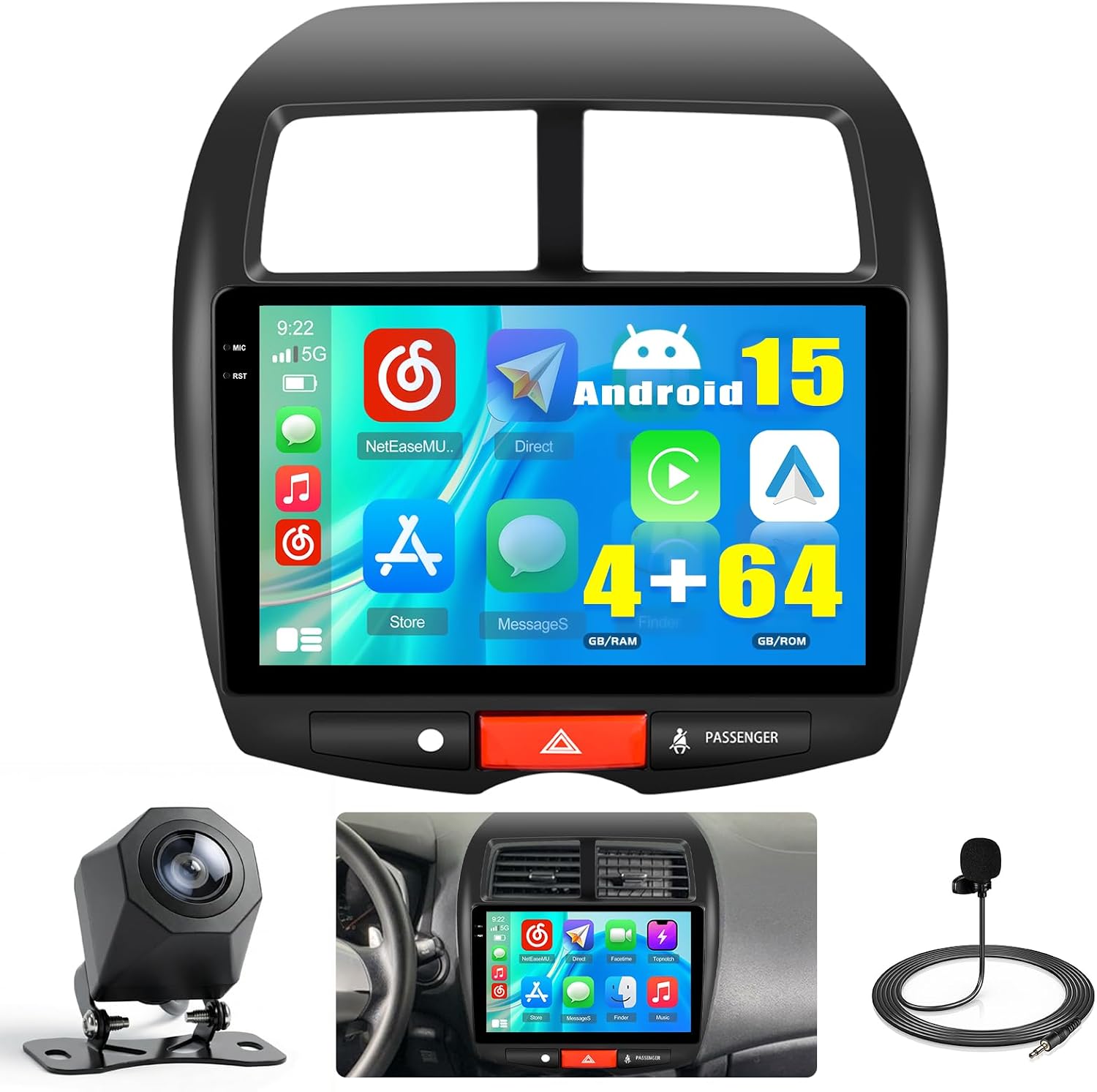 Hikity 4+64G Android Car Stereo for Mitsubishi Outlander Sport/RVR 2011-2017, ASX 2013-2015, 10”Incell Touchscreen Radio CarPlay, Android Auto, Bluetooth, GPS,WiFi, FM, RDS/AHD Backup Camera