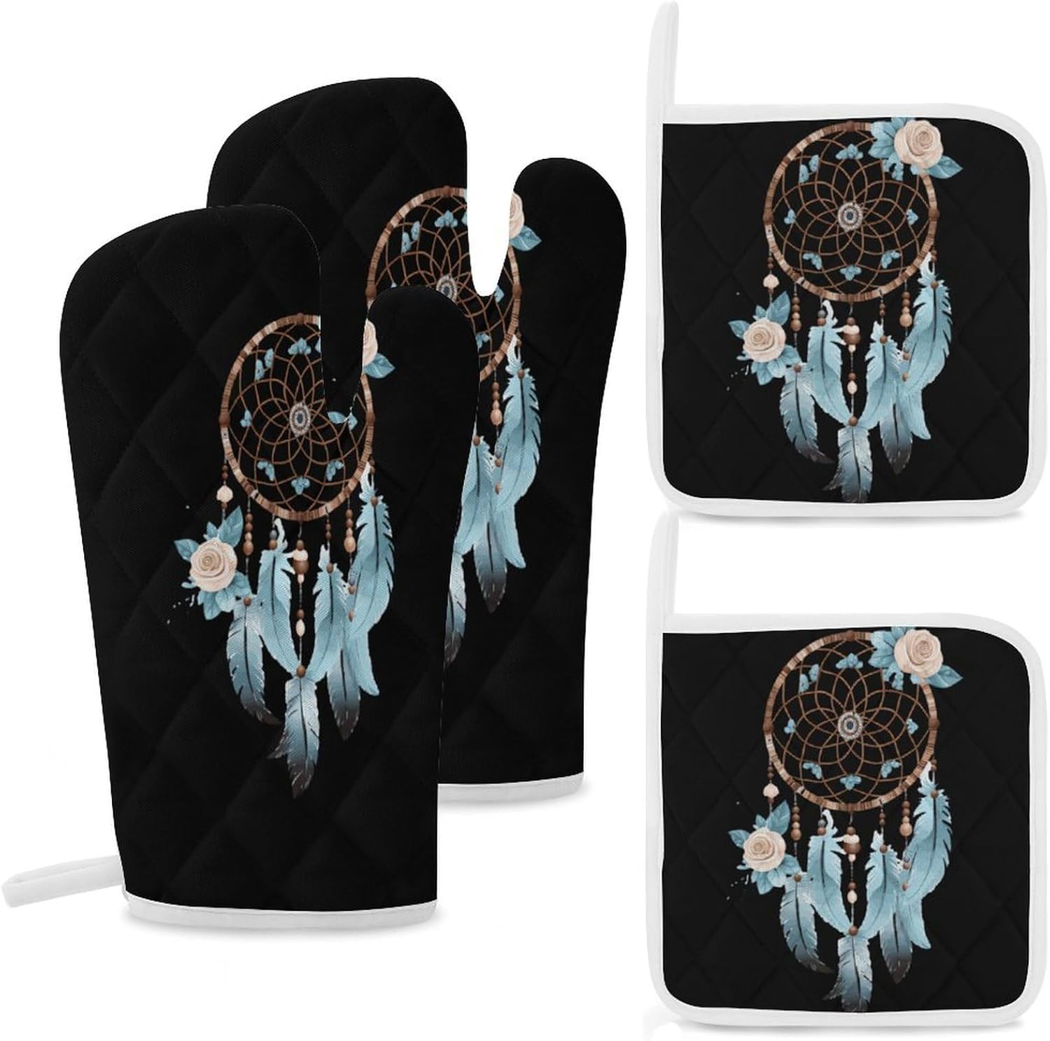 Lotuses Flower Dream Catche 4 Pcs Oven Mitts and Pot Holders Set High Heat Resistant Long Kitchen Oven Glove Potholders