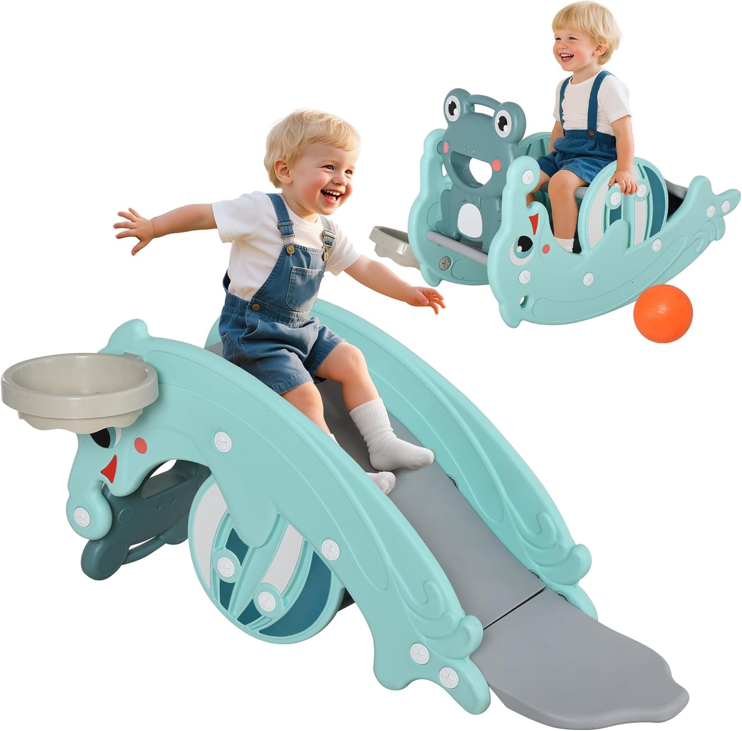 Qaba 3-in-1 Kids Portable Slide Rocking Horse Toy with Basketball Hoop for Age 1.5-3 Boys and Girls, Mint Green