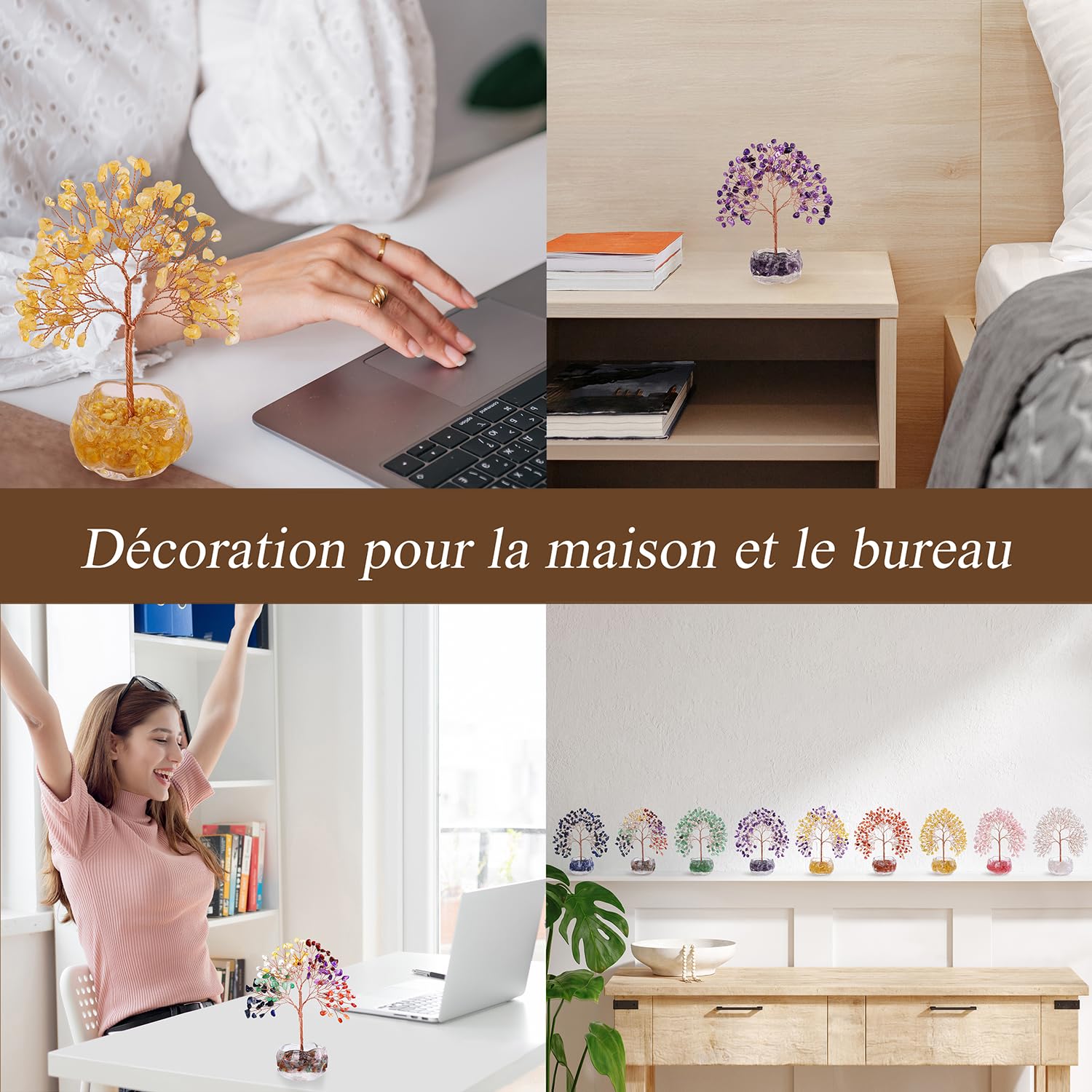 Citrine Arbre en Cristal Naturel Feng Shui Bonsaï Arbre de Vie Pierres de Guérison Reiki Chakra Décoration Maison Bureau Porte Bonheur Cadeau Spirituel Base Verre 17 cm