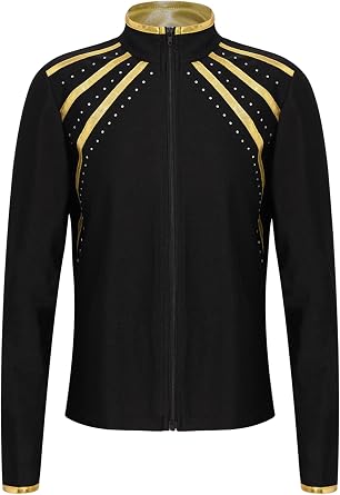 Kaerm Kids Girls Long Sleeve Figure Skating Gymnastics Jacket Shiny Rhinestones Metallic Striped Zipper Sweatshirt Coat