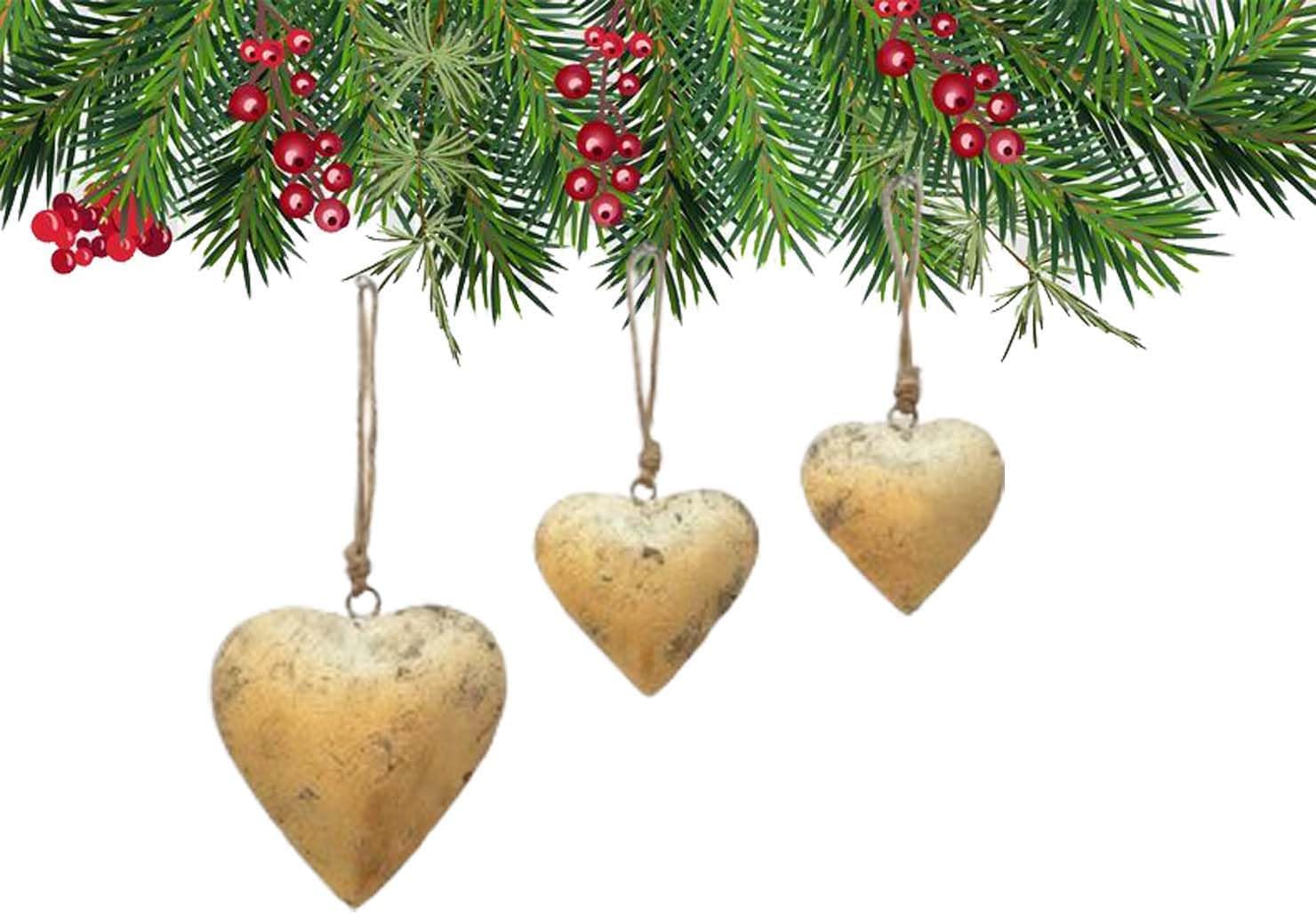 Set of 3 Giant Harmony Heart Bells Huge Vintage Handmade Rustic Lucky Christmas Hanging Bells On Rope Christmas Bells for Decoration (Country Rustic, 3", 4", 6" Large Bells)
