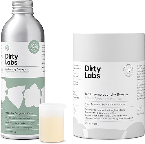 Dirty Labs | Kit de inicio de lavandería con enzimas biológicas | Detergente característico (32 cargas) y potenciador de enzima biológica (48