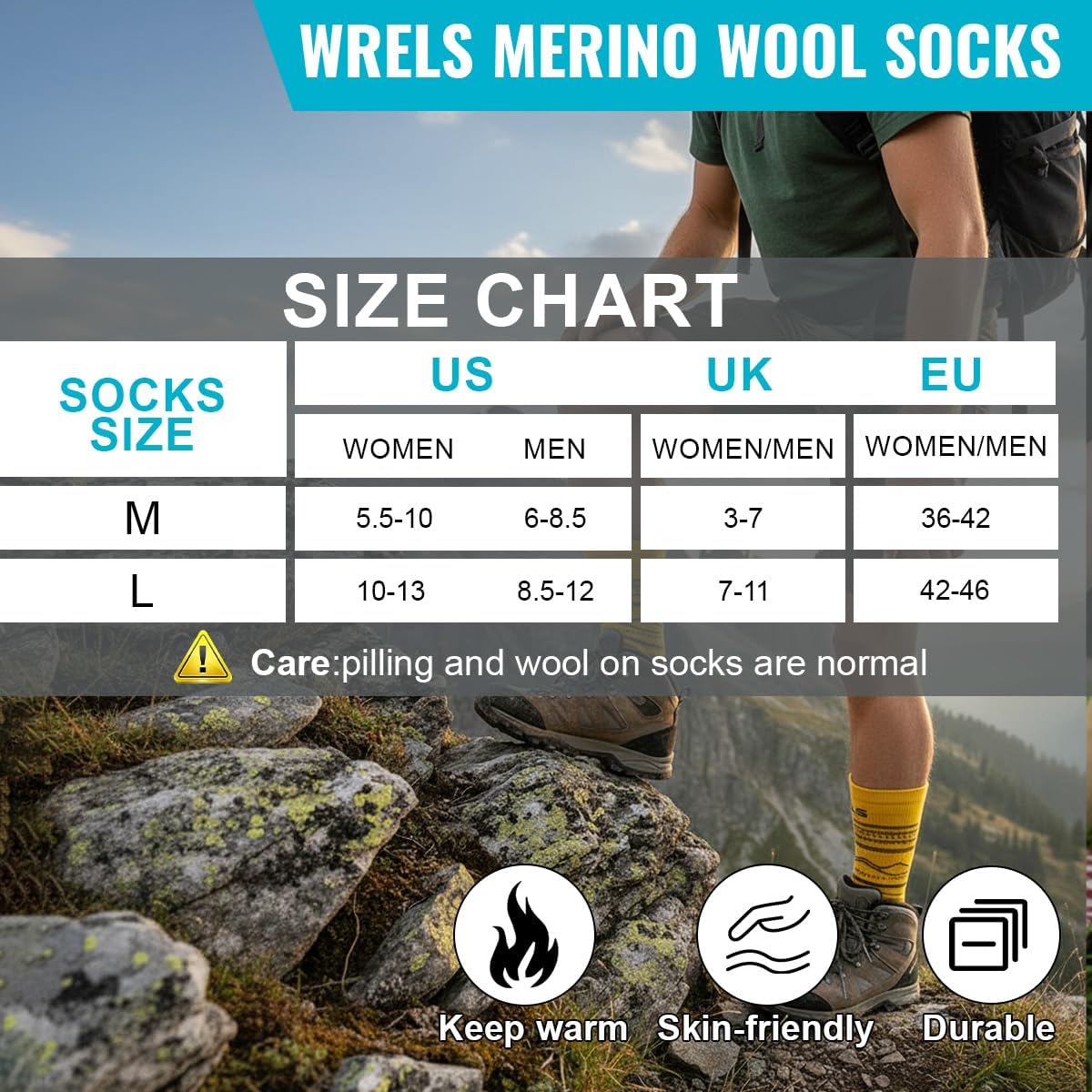 Merino wool Socks Hiking Socks,Thick Sole Cushioned Wicking Socks,For Teens and Adults,Outdoor Sports Daily Work 2pairs - Image 6