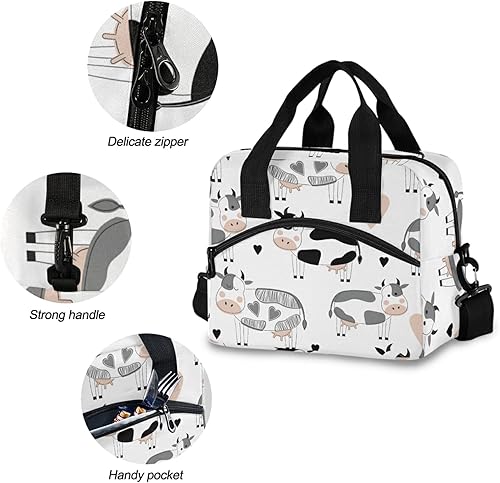 Miniatura 5 de Linda bolsa de almuerzo de vacas para mujeres y hombres, bolsa de almuerzo aislada con correa de hombro desmontable y asa de transporte, bolsa