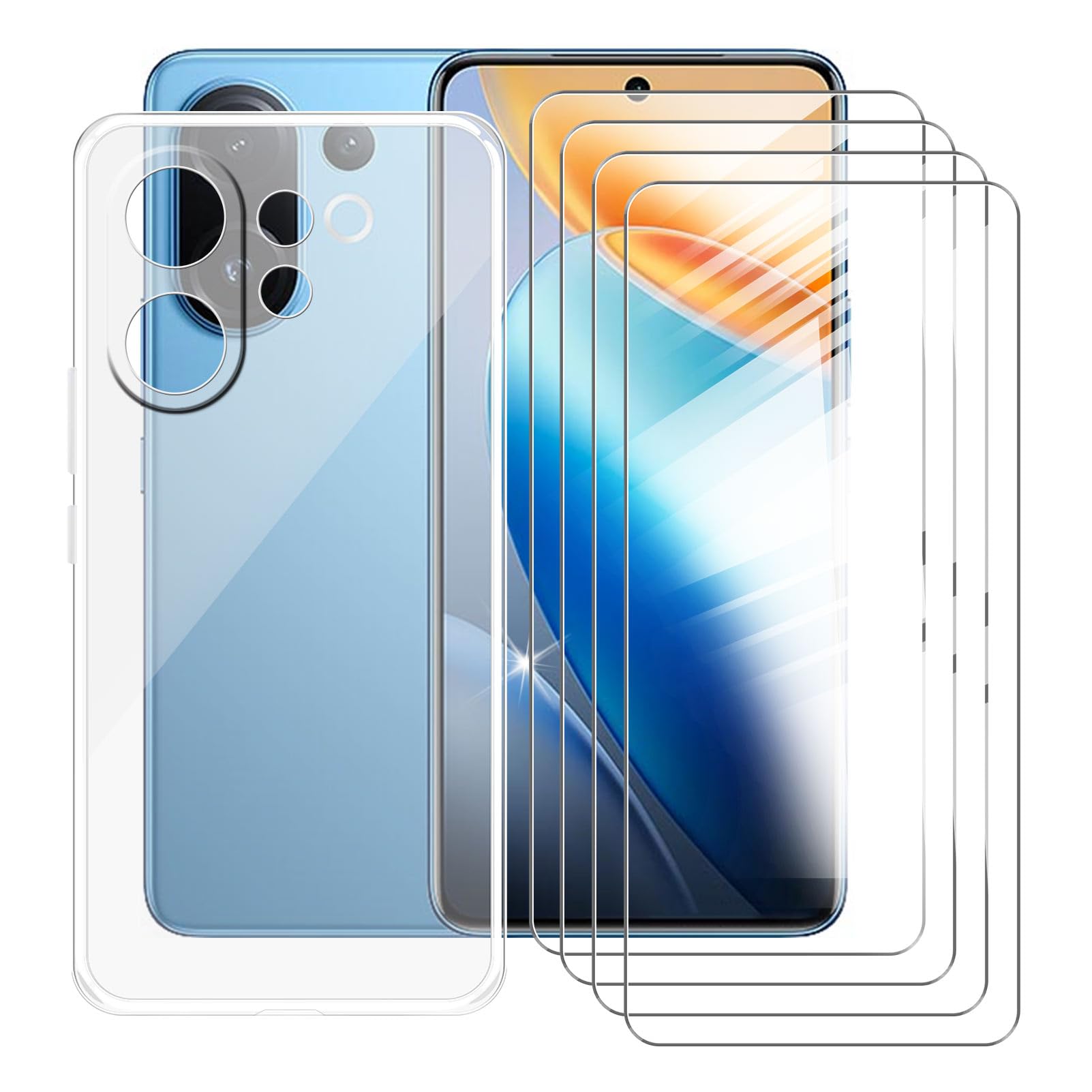 Case with Screen Protector for Vivo T4 Pro (6.77 Inches), Pack of 4 Screen Protectors and 1 Mobile Phone Case, Shockproof Case, Soft Silicone Protective Case (Transparent)