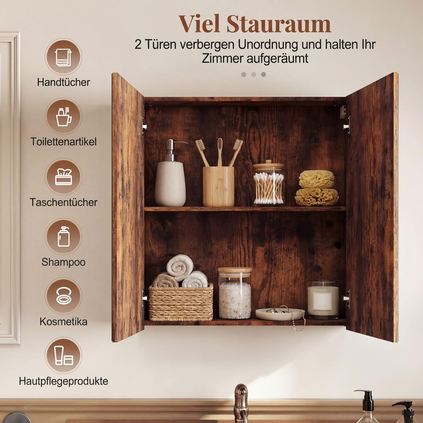 COSTWAY Spiegelschrank Bad, Badezimmerschrank mit 2 Spiegeltüren & Ablage, Badschrank, Hängeschrank, Wandschrank holz für Schmutzräume, Eingangsbereiche & Badzimmer, 62 x 11 x 65 cm (Rustikales Braun)