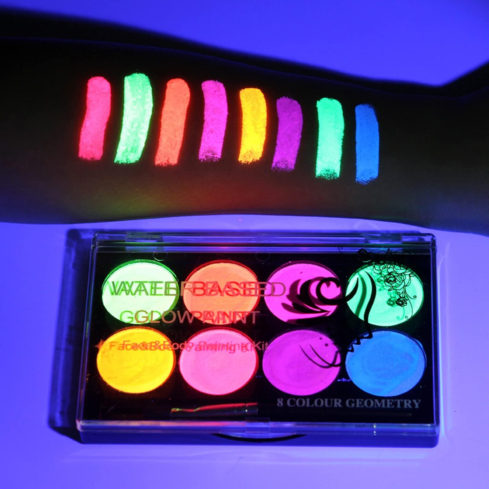 MEICOLY Neon Face Paint,UV Blacklight Glow Face Paint,8 Bright Colors Neon Fluorescent Rave Accessories for Women, Water Based Glow In The Dark Neon Accessories for Halloween Washable for Kids Adults