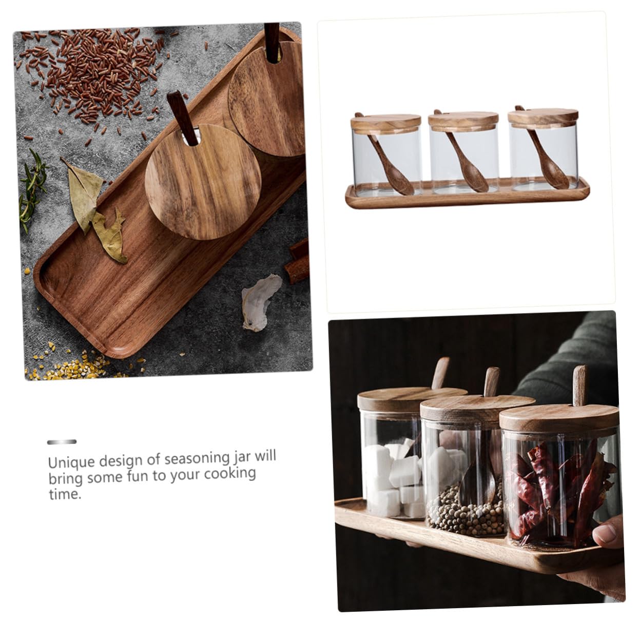 DOITOOL Glas Gewürzgläser mit Holzdeckel und Löffel Vorratsbehälter für Gewürze und Lebensmittelaufbewahrung Stilvolle Küchenaufbewahrung mit Praktischem Tablett