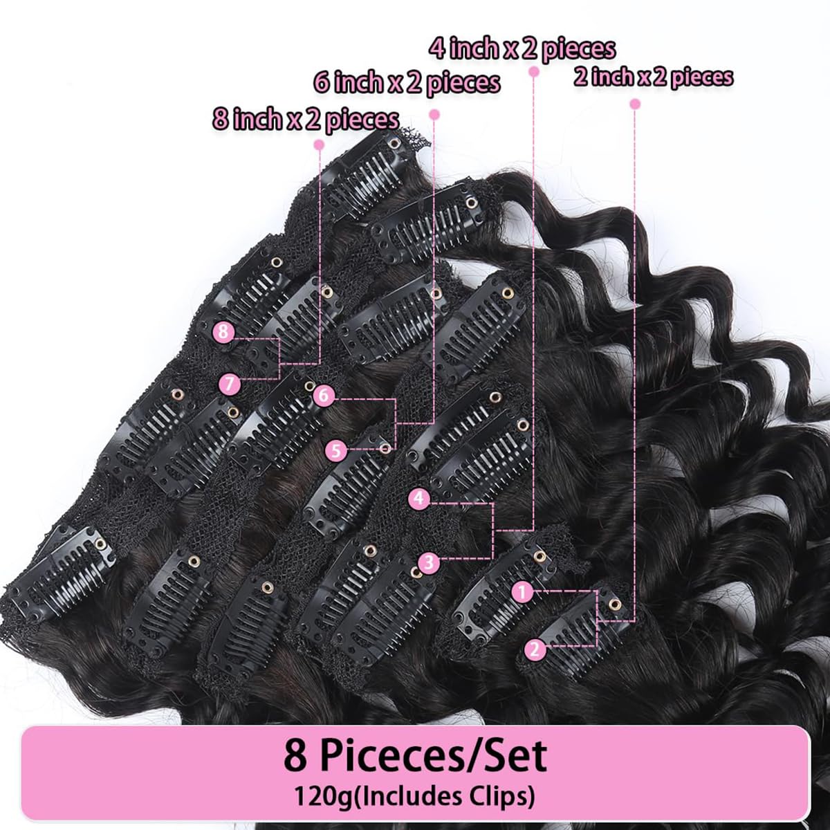 Curly Clip in Hair Extensions Real Human Hair 20 Inch 8PCS 120g Unprocessed Deep Water Wave Double Weft Hairpieces for Women Seamless Clip Ins Extensions Natural Black - Image 2