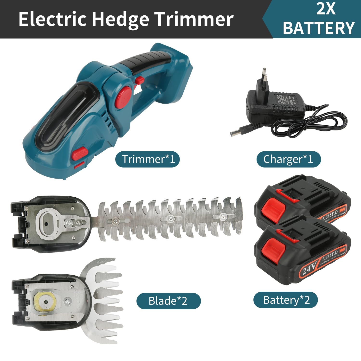 Taille-Haie sans Fil 24V 2-en-1 Cisaille À Gazon avec 2 Batteries 2000 mAh et Chargeur, 20 000 TR/Min 2 Lames, Bleu