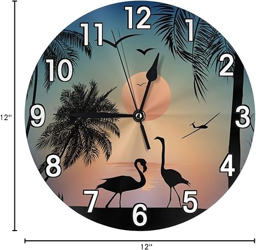 Miniatura 10 de Flamingos Walk on the Sea Beach - Reloj de pared con pilas, reloj redondo silencioso para decoración de pared para el hogar, oficina, escuela, 12