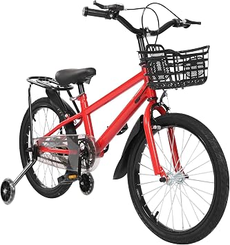 18Inch Kids Bike for Ages 6-8 Years Old Boys Girls, Kids Bike with Training Wheels/Front Basket/Front Caliper Disc Braking/Rear Holding Braking, Children Bicycle Fit 3.44-4.27ft Height, Red