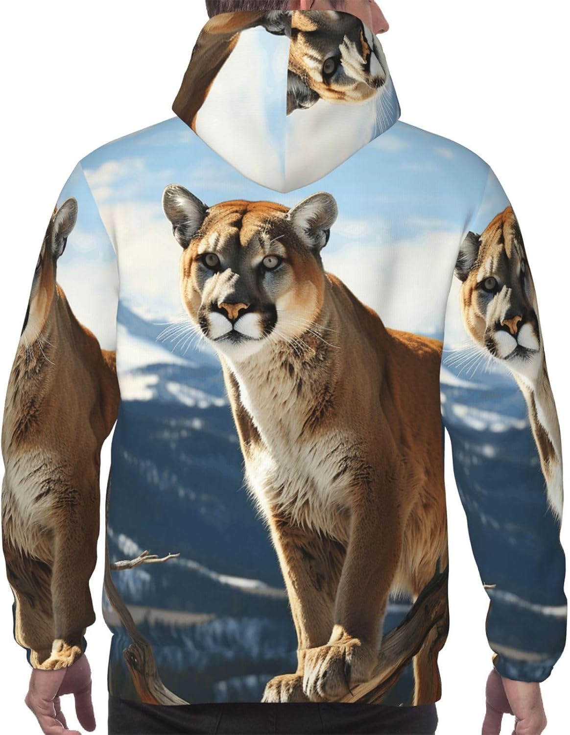 Men's Pullover Hoodie Animal Mountain Lion Casual Sweatshirts Soft Hooded Windproof Warm Fleece Hoodie with Pocket