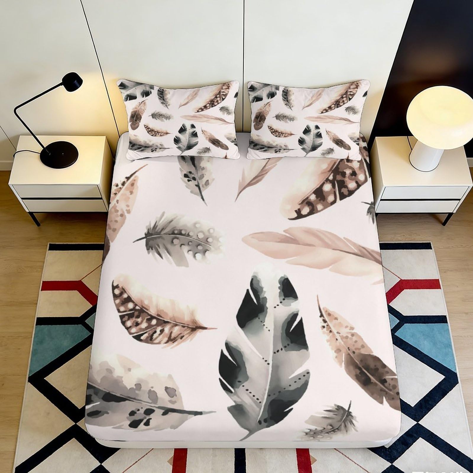 3D Printed Watercolor Feather Fitted Sheet Microfiber Soft Breathable Abstract Leaf Mattress Cover for Bedroom Dorm Mattress Protection Decor 160x200x25cm