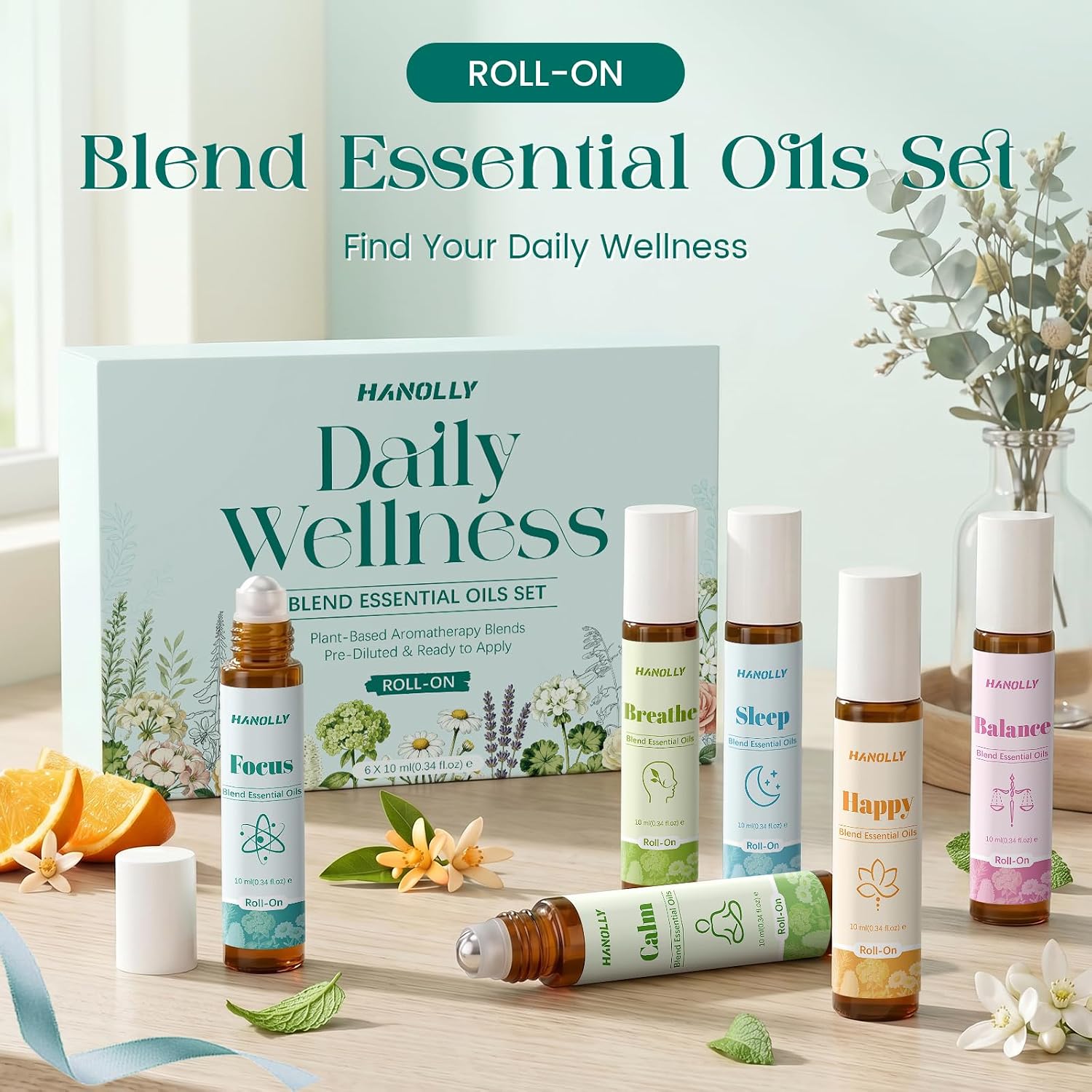 Essential Oil Roll On Set (Breathe, Focus, Sleep, Calm, Happy, Balance), Natural Aromatherapy Roll On for Massage, Body Skin Care,Self Care Gifts for Women & Men,Wellness Blends Roller Ball Kit