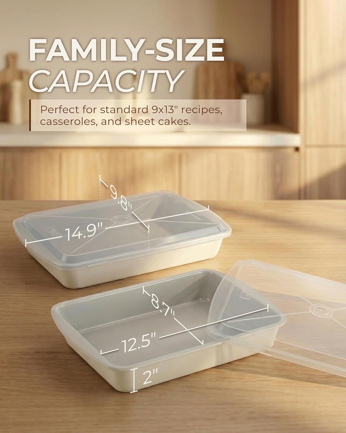 Cartman Cake Pan Set with Lids (2 Pans+2 Lids), 9x13 Inch Non-Stick Rectangular Coated Baking Pan, Healthy Toxin-Free Bakeware for Lasagna & Bread, Elegant Two-Tone Aesthetic Design, Cream